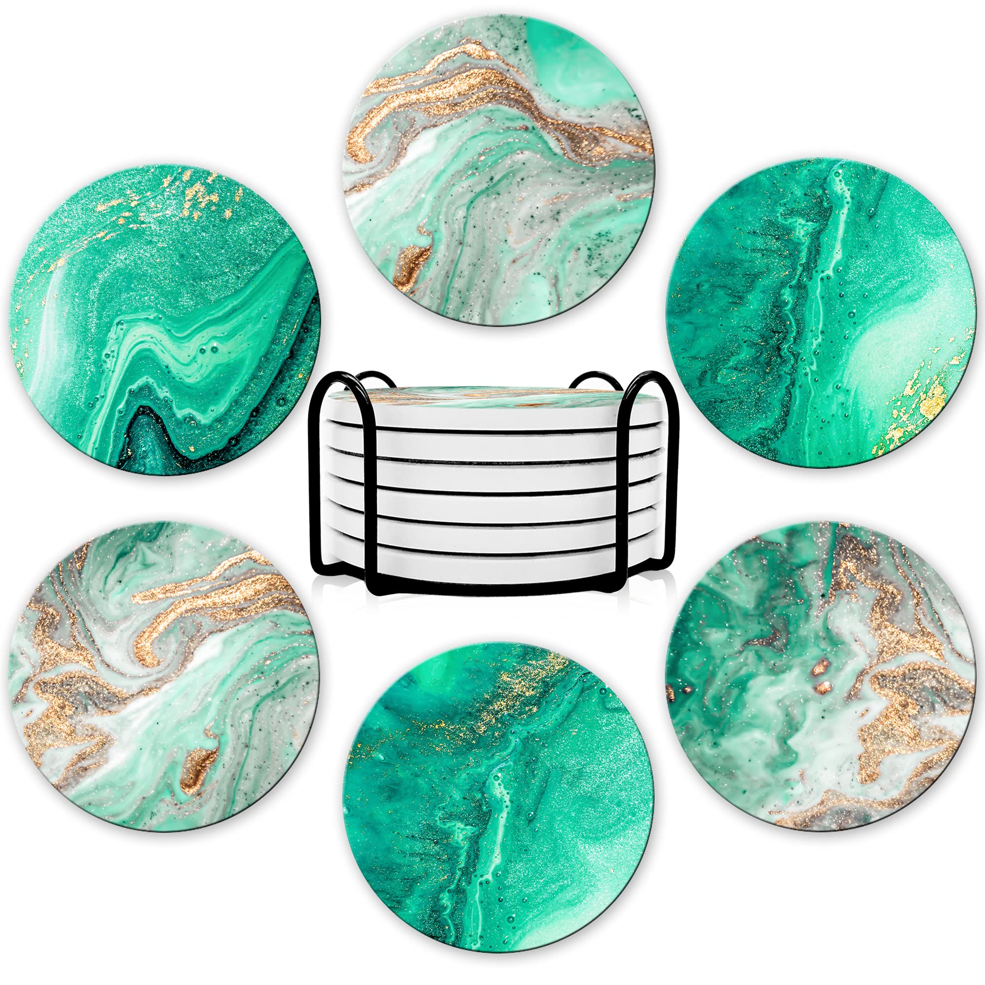 Dooke Coasters for Drinks,Round Absorbent Ceramic Stone Coasters Set of 6 with Cork Base,Funny Drink Coasters with Holder for Cold Drinks Wine Cups Tabletop Protection,4 Inches,Turquoise Green Marble