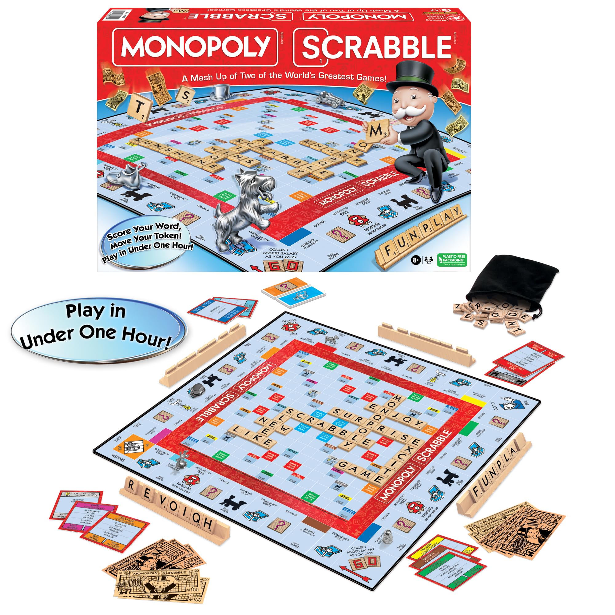 Monopoly Scrabble Game, Play in UNDER ONE HOUR, Score Your Scrabble Word - Move Your Token, By Winning Moves Games USA, Mash-Up of 2 of the World's Greatest Games, 2 to 4 Players Ages 8+ (1250)