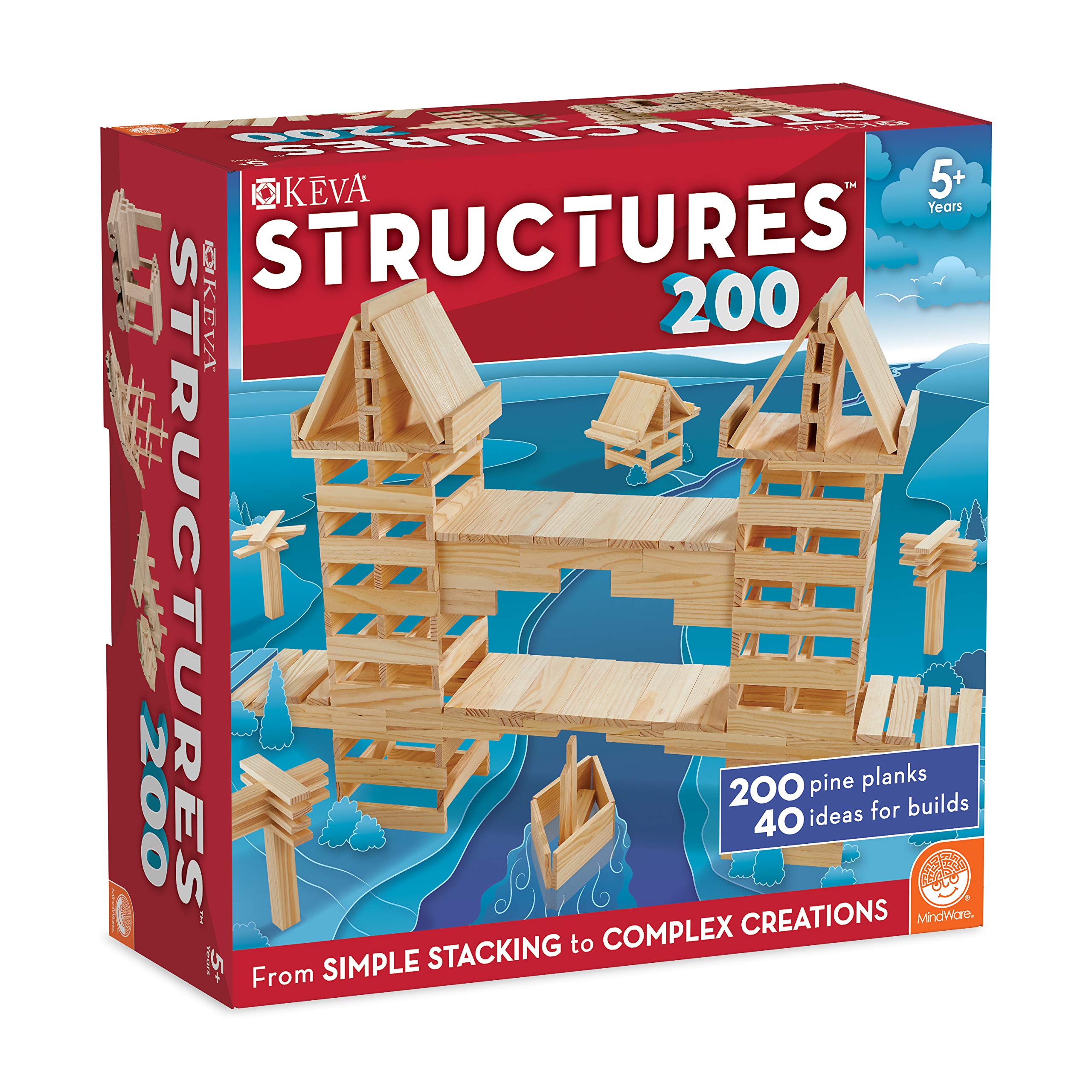 KEVA Structures 200 Wood Building Planks Set - Building Toy Includes 200 Wooden Blocks and Idea Book - Ages 5 and Up