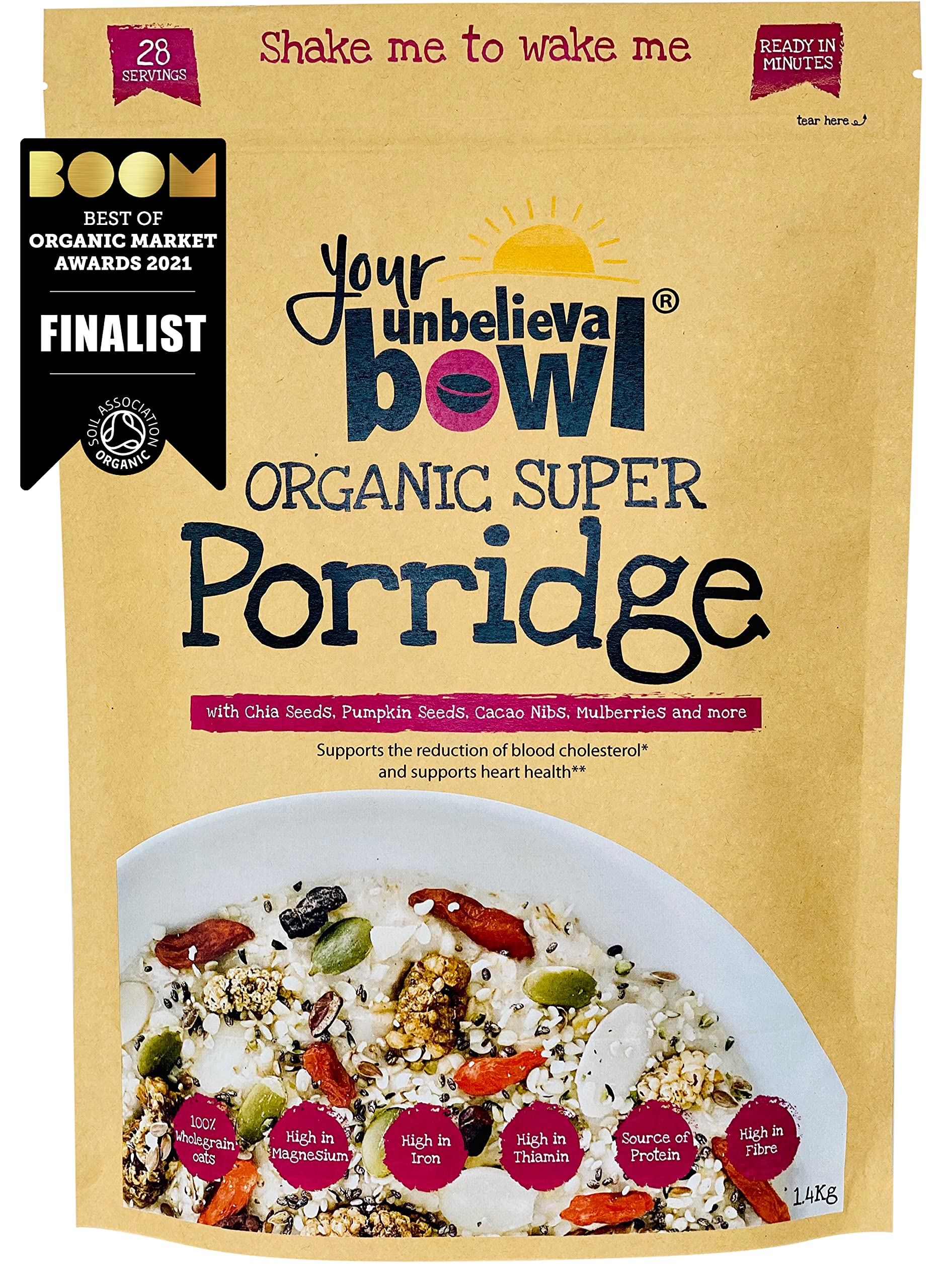 Your UnbelievaBowl - Organic Super Porridge / Overnight Oats, 1.4kg, 25% Superfoods, 28 Servings, 71p Per Serving, Gluten Free Oats, Chia, Hemp & Pumpkin Seed, Cacao, Mulberry, Goji, Flaxseed, Almond