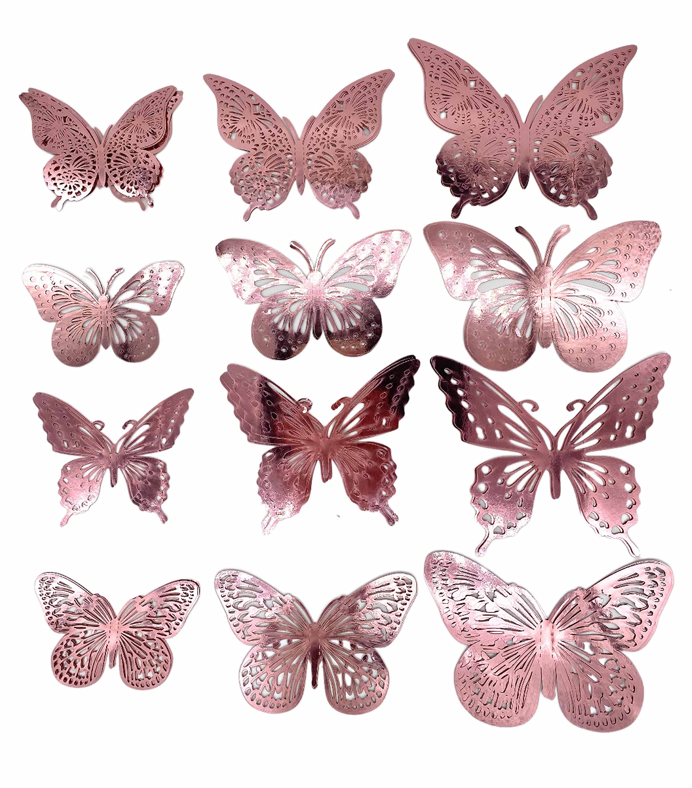 3D Butterfly Wall Stickers, 48 Pcs 4 Styles 3 Sizes, Removable Metallic Wall Sticker Room Mural Decals Decoration for Kids Bedroom Nursery Classroom Party Decor DIY Party Cake Decorations (Rose Gold)