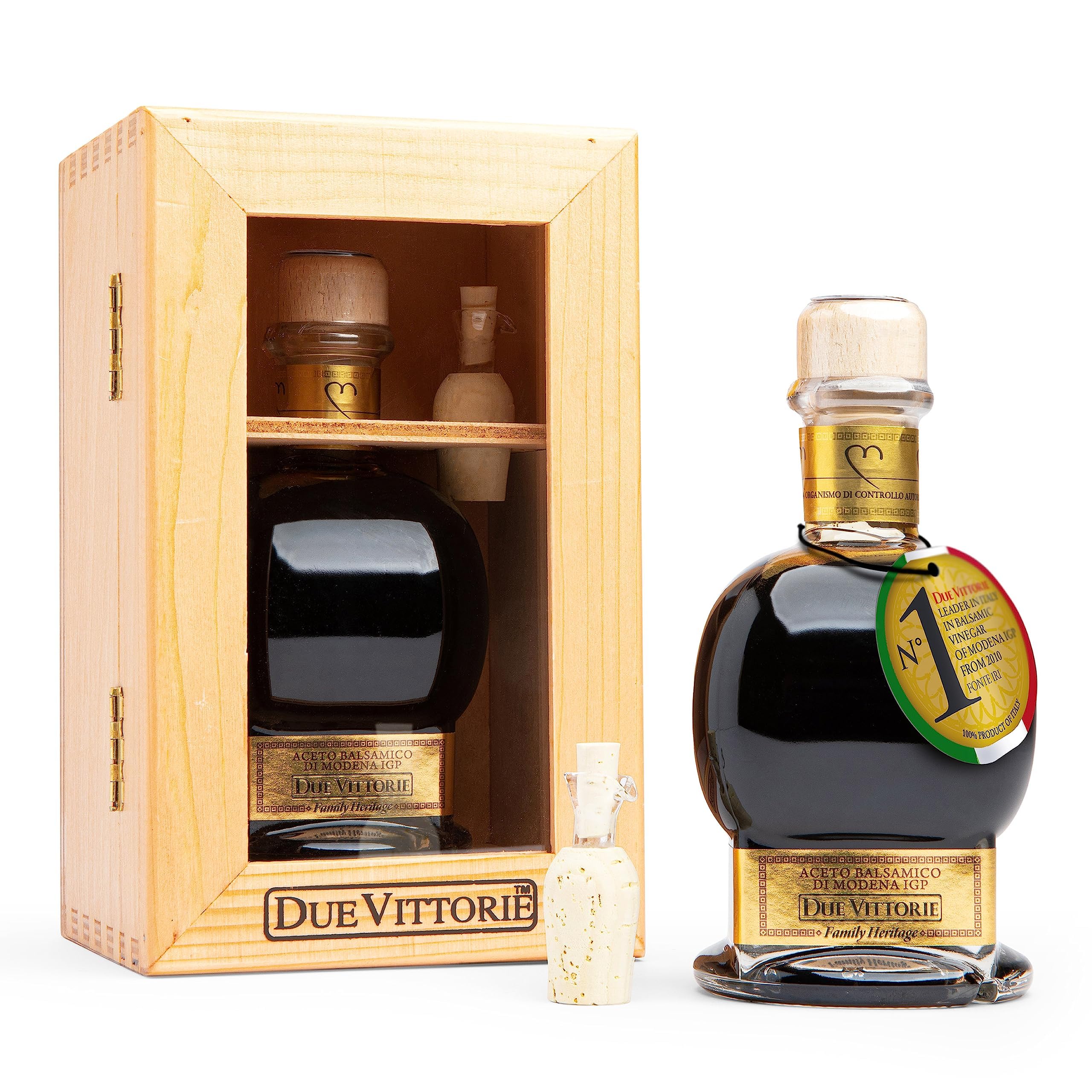 Due VittorieOro Gold, Barrel Aged Balsamic Vinegar of Modena IGP, Includes Wooden Gift Box and Cork Pourer, All-Natural, Extra Dense Premium Vinegar Aceto Balsamico di Modena IGP Italy - 8.45 Fl Oz