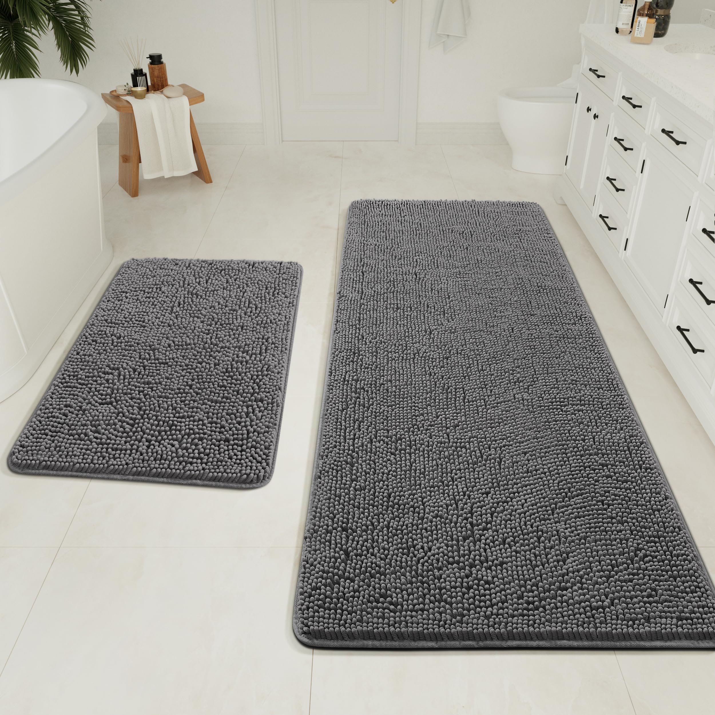 LOCHAS Bathroom Rugs Sets 2 Piece, 20 x 32 Plus 24 x 60 Inches Thick Non Slip Bath Rug Set, Absorbent Soft Chenille Bathroom Rug, Machine Washable Quick Dry Bath Mat for Bathroom Floor, Grey