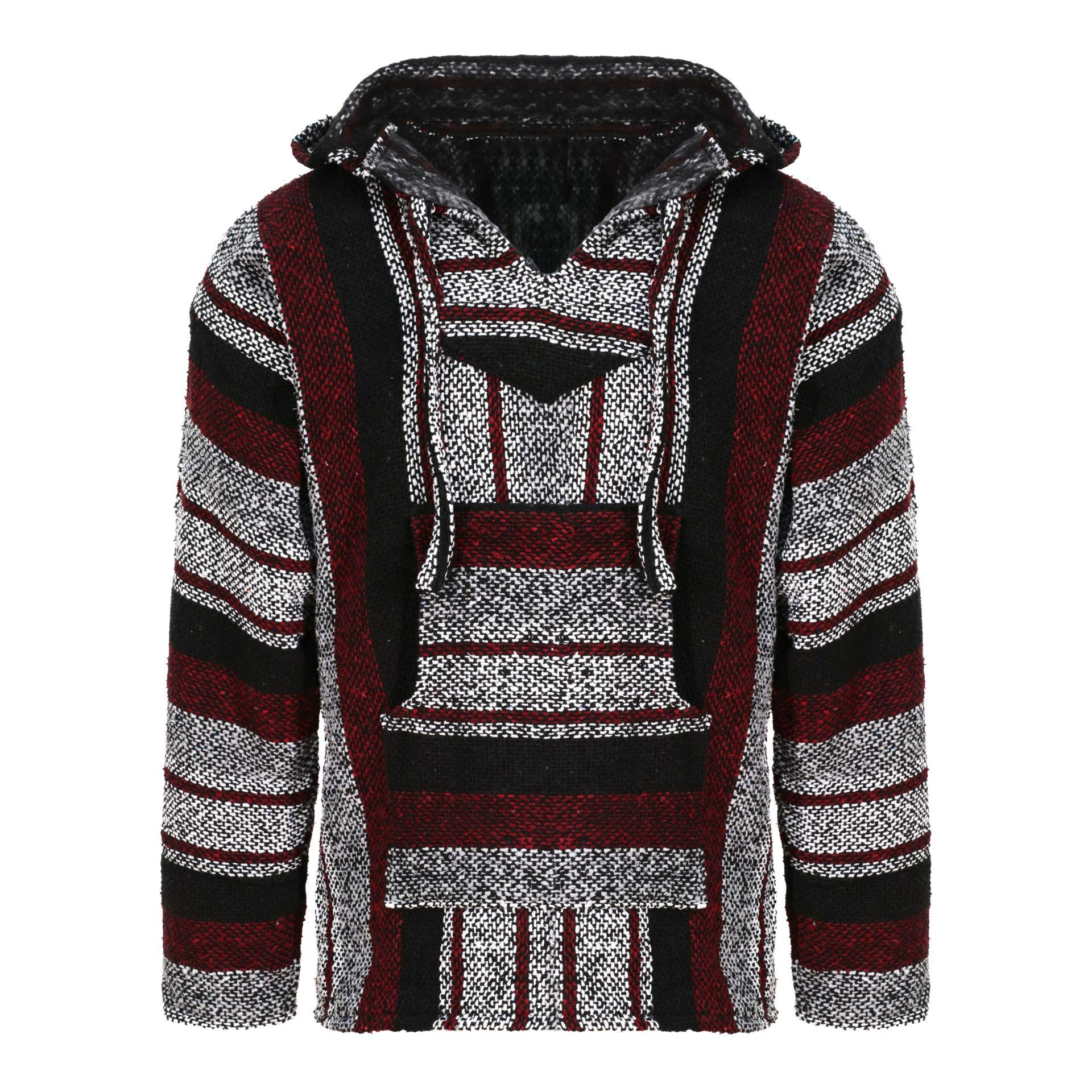 SiestaMexican Baja Jerga Hoodie Hippie Festival Top in Maroon, Black and White Stripe