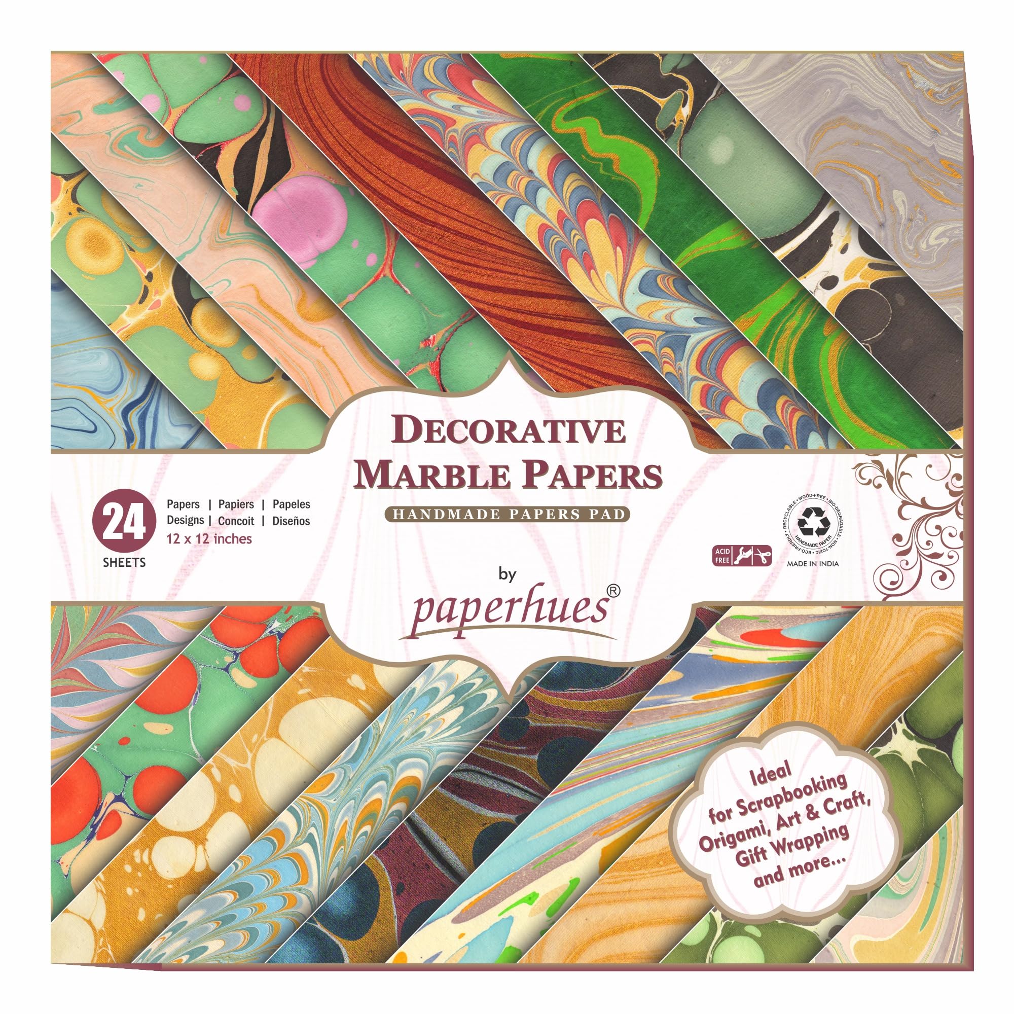 Paperhues Marbled Handmade Scrapbook Papers Collection 12x12" Pad, 24 Sheets.