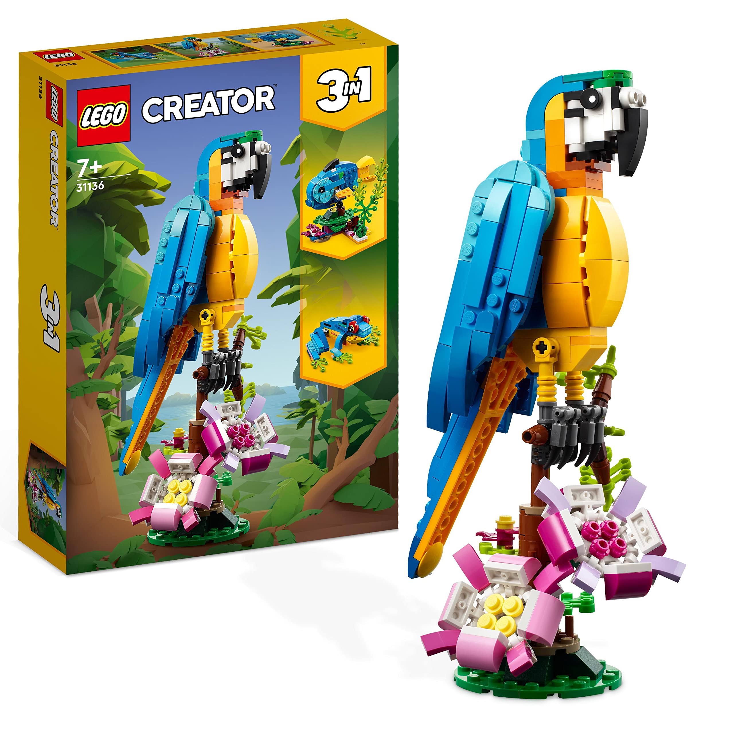 LEGO Creator 3 in 1 Exotic Parrot to Frog to Fish Animal Figures Building Toy, Creative Toys for Kids Aged 7 and up 31136