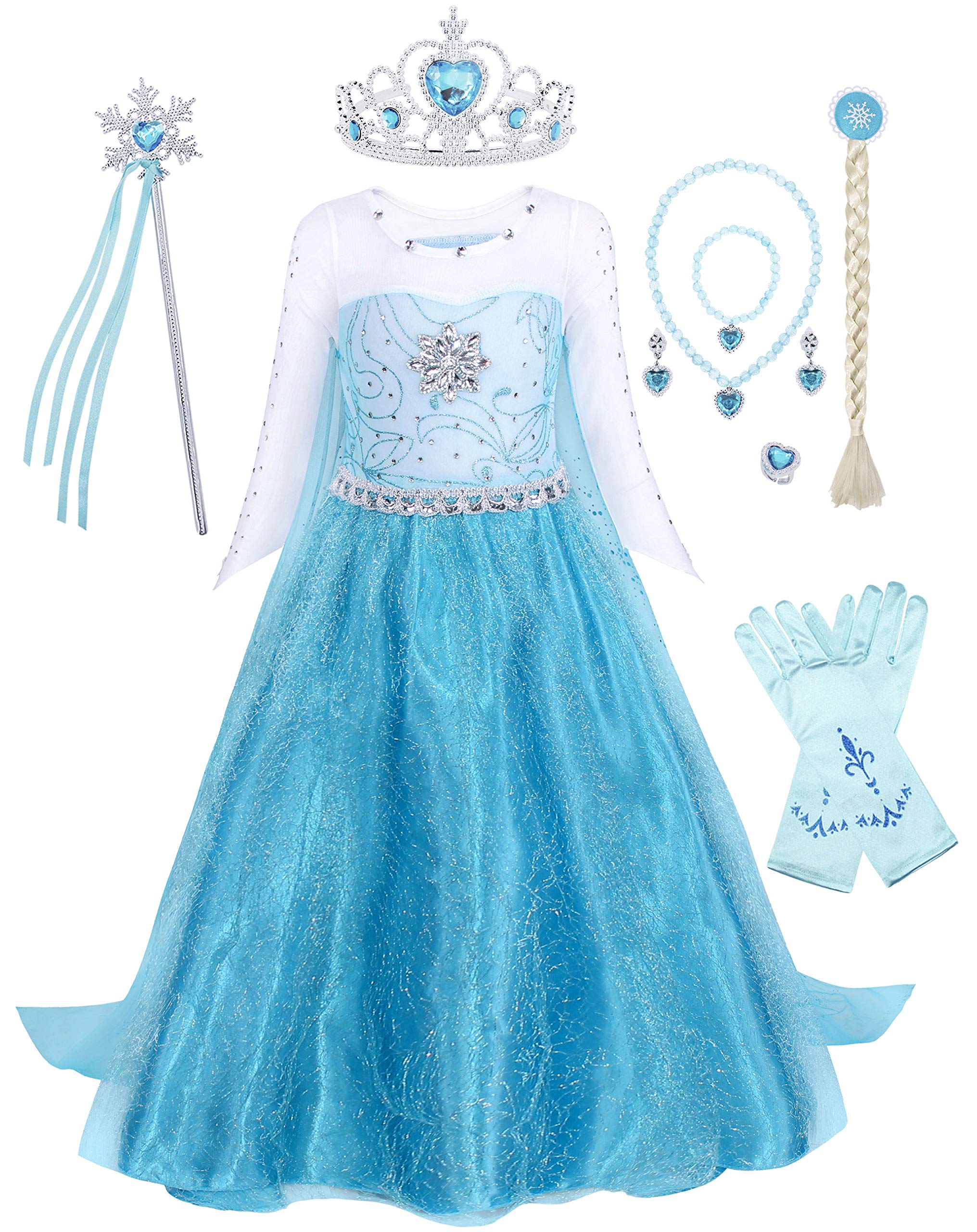 WonderBabe Girls Snow Queen Costume Kids Princess Coronation Dress Up Halloween Birthday Party Cosplay Outfit with Accessory Set 1-12 Years