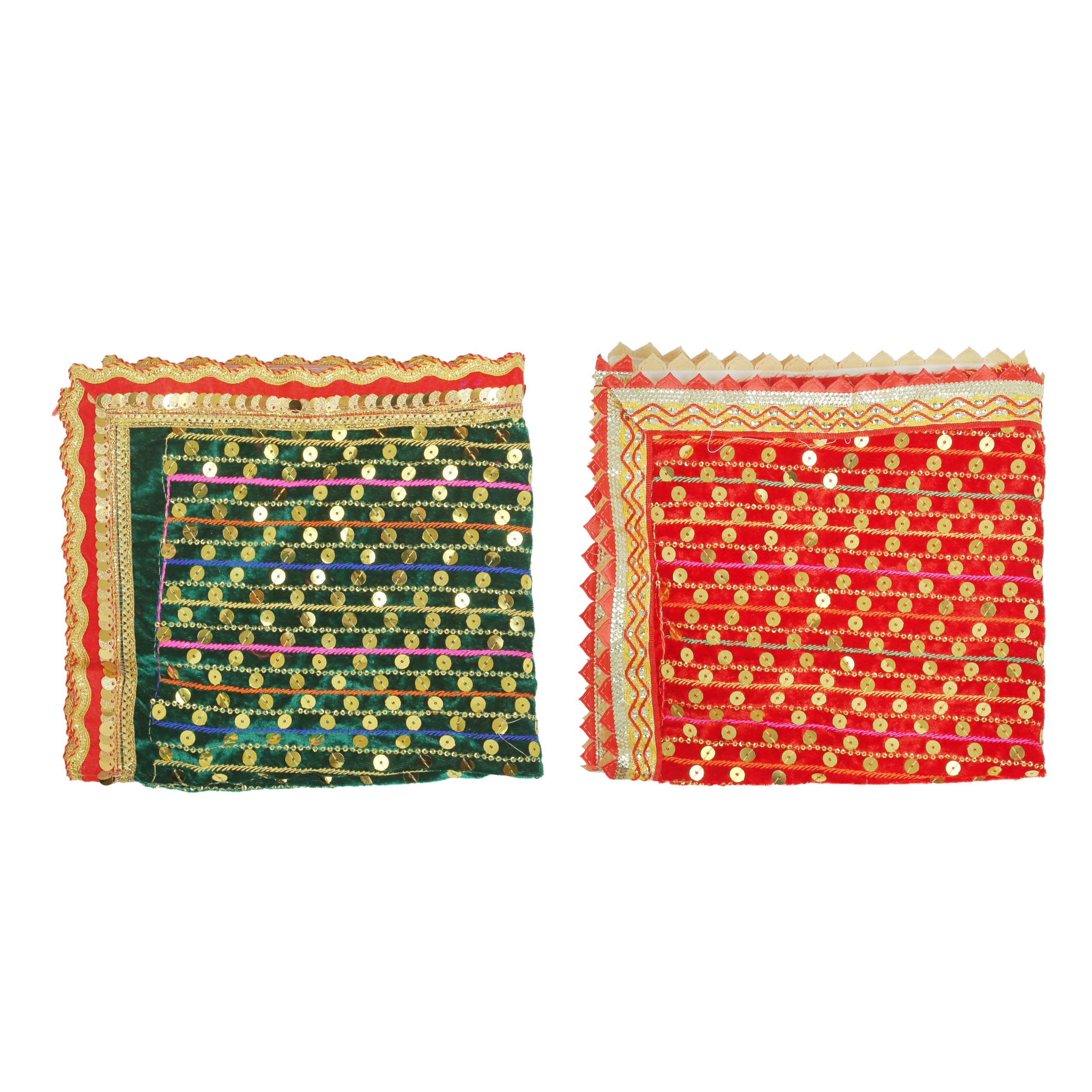 Set of 2 Mat Aasan Chunari Decorative Velvet Pooja Cloth Chunari(Size:- 20 Inches x 18 Inches) Chunni Puja Article Indian Traditional Festival Chunri Aasan for Statue Chowki Aasan Mat(Red & Green)