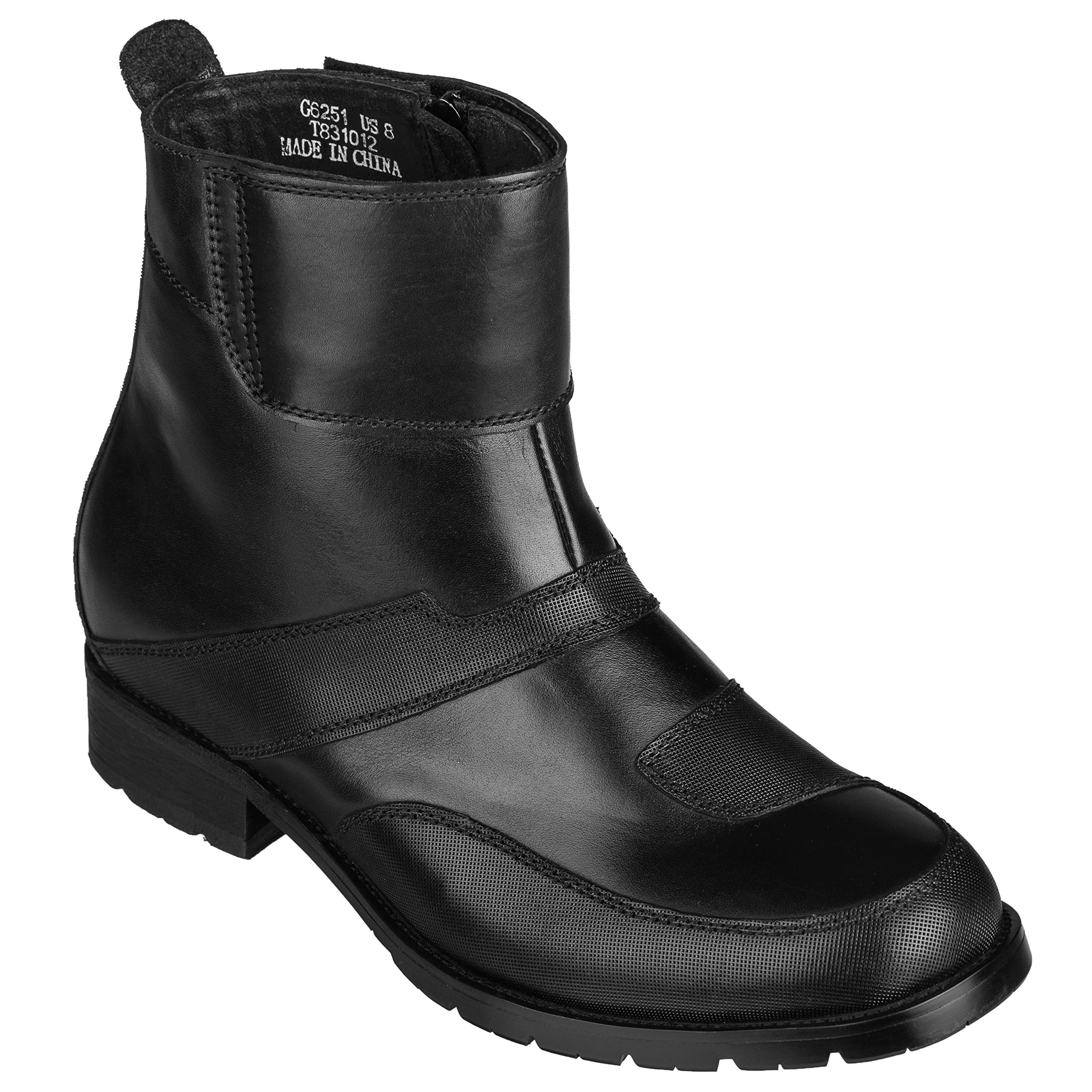 Men's Invisible Height Increasing Elevator Shoes - Black Leather Zipper High-top Biker Boots - 3.3 Inches Taller - G6251