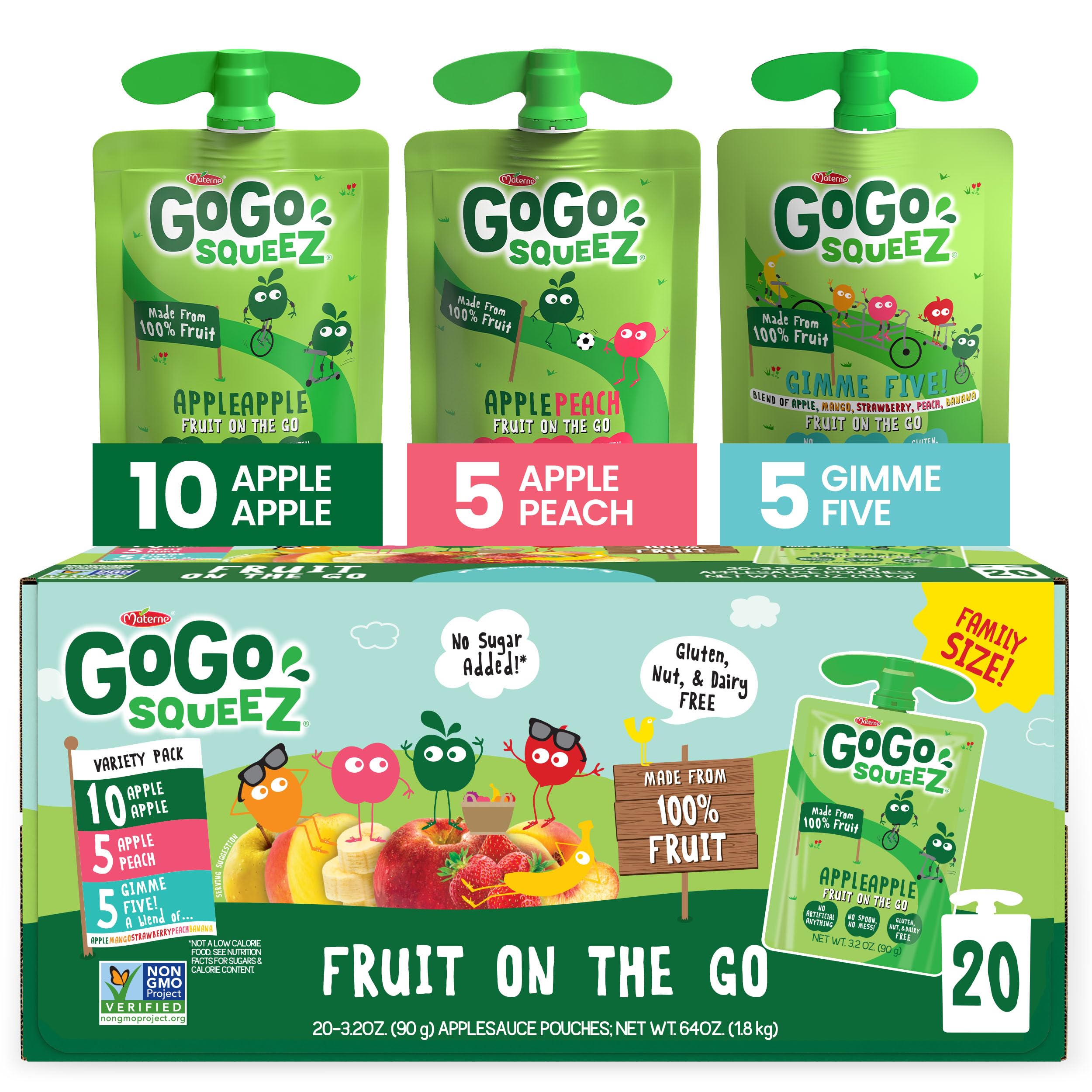 GoGo squeeZ Fruit on the Go Variety Pack, Apple, Peach & Gimme Five!, 3.2 oz (Pack of 20), Unsweetened Fruit Snacks for Kids, Gluten Free, Nut Free and Dairy Free, Recloseable Cap, BPA Free Pouches