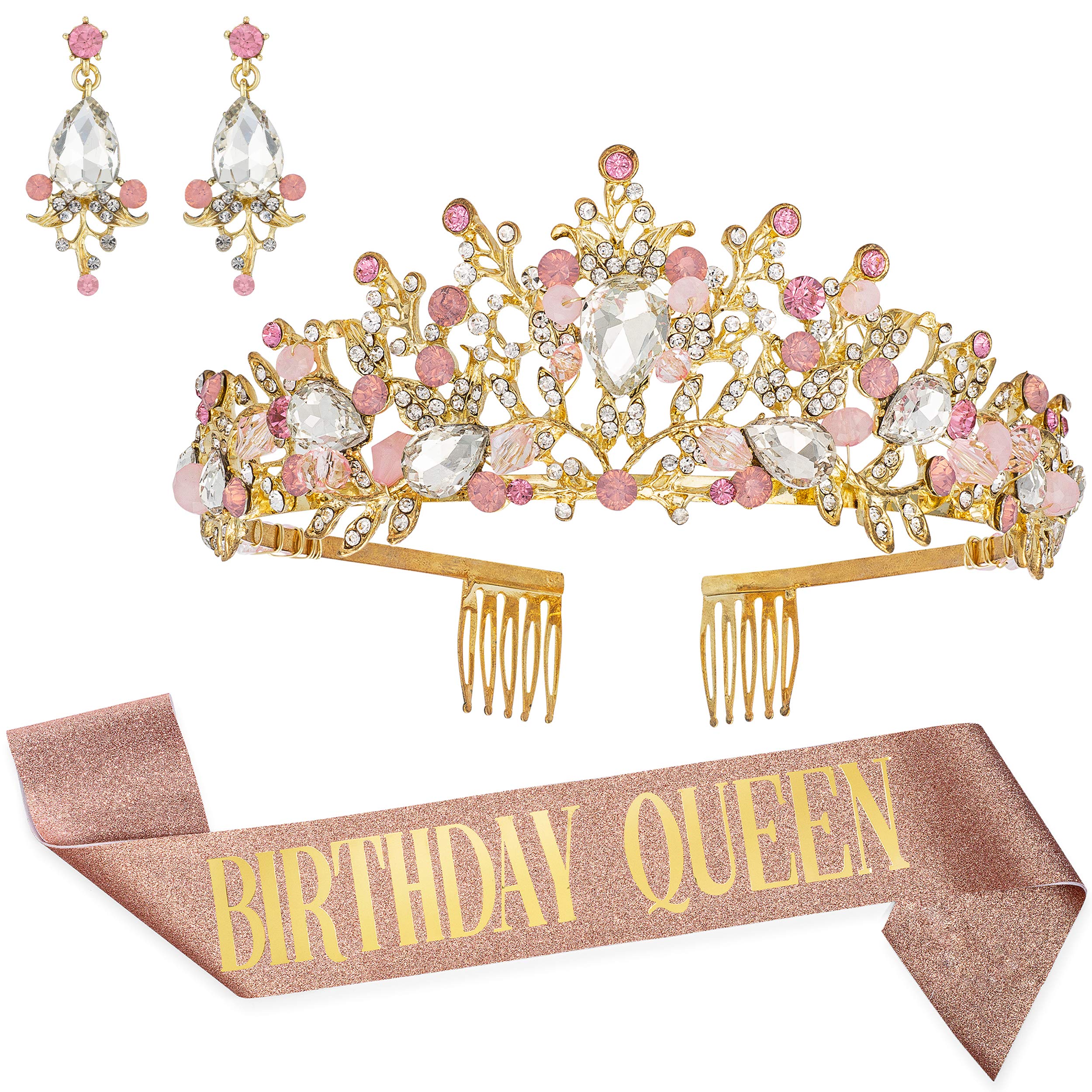 Birthday Queen Birthday Sash for Women - Premium Rhinestone Birthday Tiara Crown & Earring Kit - Rose Gold Birthday Crowns for Women - Girls Pink Happy Birthday Sash and Tiara for Women