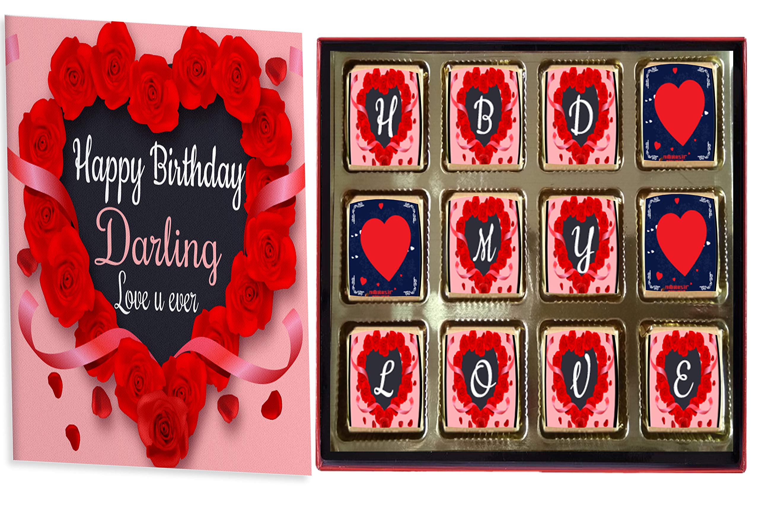 redbakers.in Happy Birthday My Love 12 Chocolate Gift Box & Greeting Card Combo (Darling)