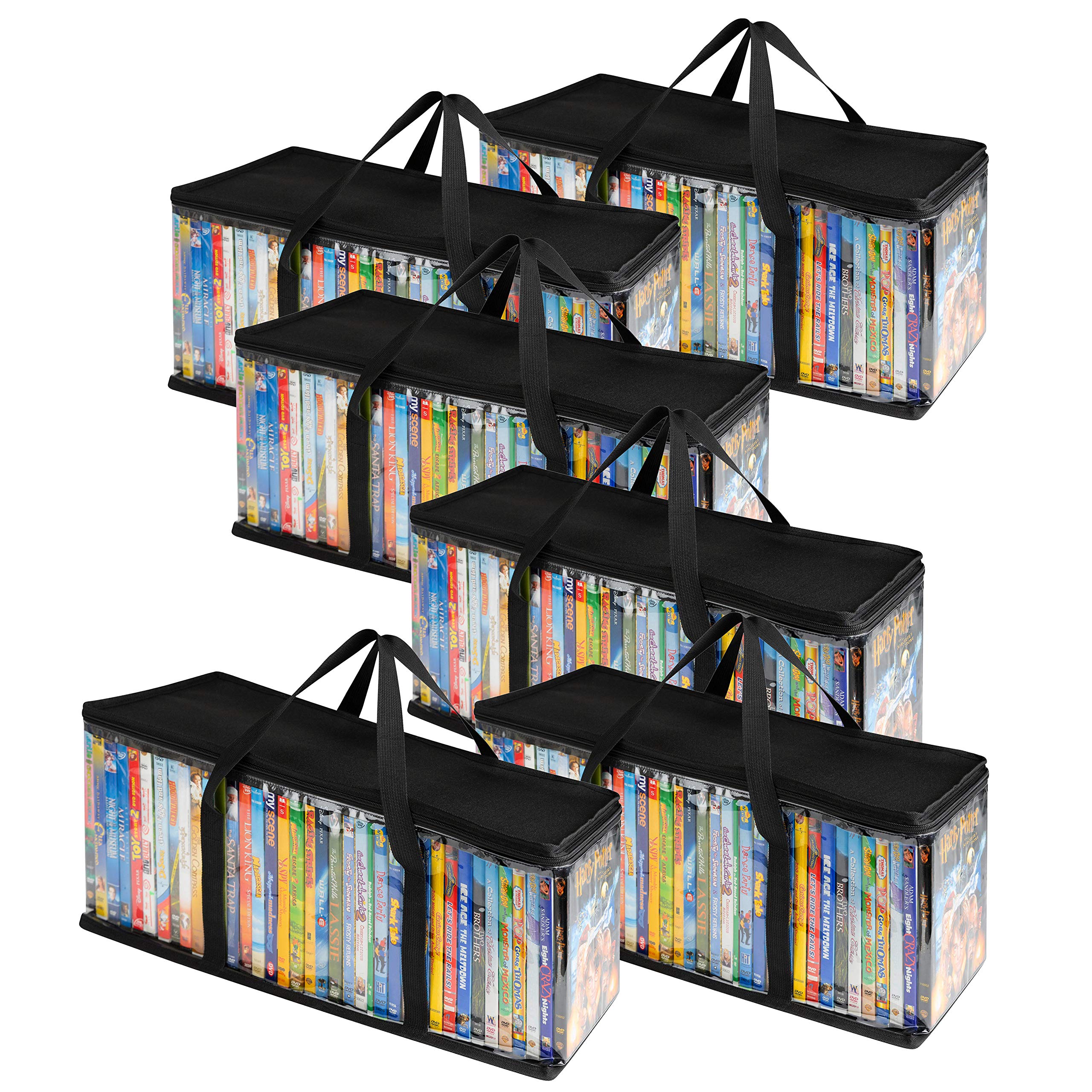 Stock Your Home DVD Storage Bags (Set of 6) Media Organizer Bag for DVDs, CDs, Blu Ray Disc, Movie Cases, VHS Box, Video Game Disks, Clear Plastic Holders with Carrying Handles and Zipper - Black