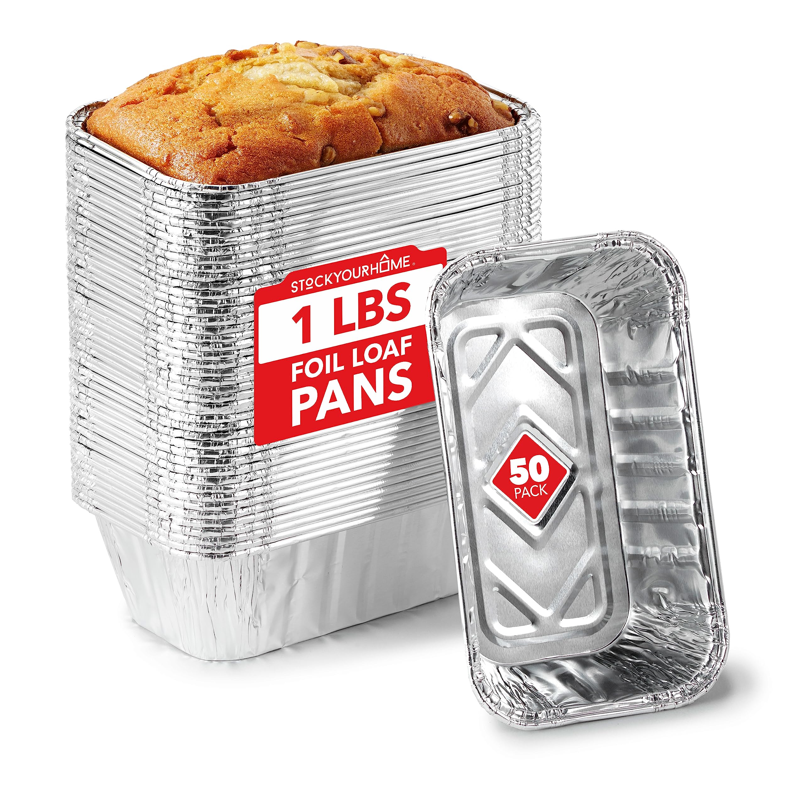 Stock Your Home Aluminum Pans Mini Loaf Pans (50 Pack) 1 Lb Aluminum Foil Tin Pans, Small Loaf Pans – 1 Pound Disposable Baking Pans Perfect for Baking Cakes, Bread Loaves - 6 x 3.5 x 2