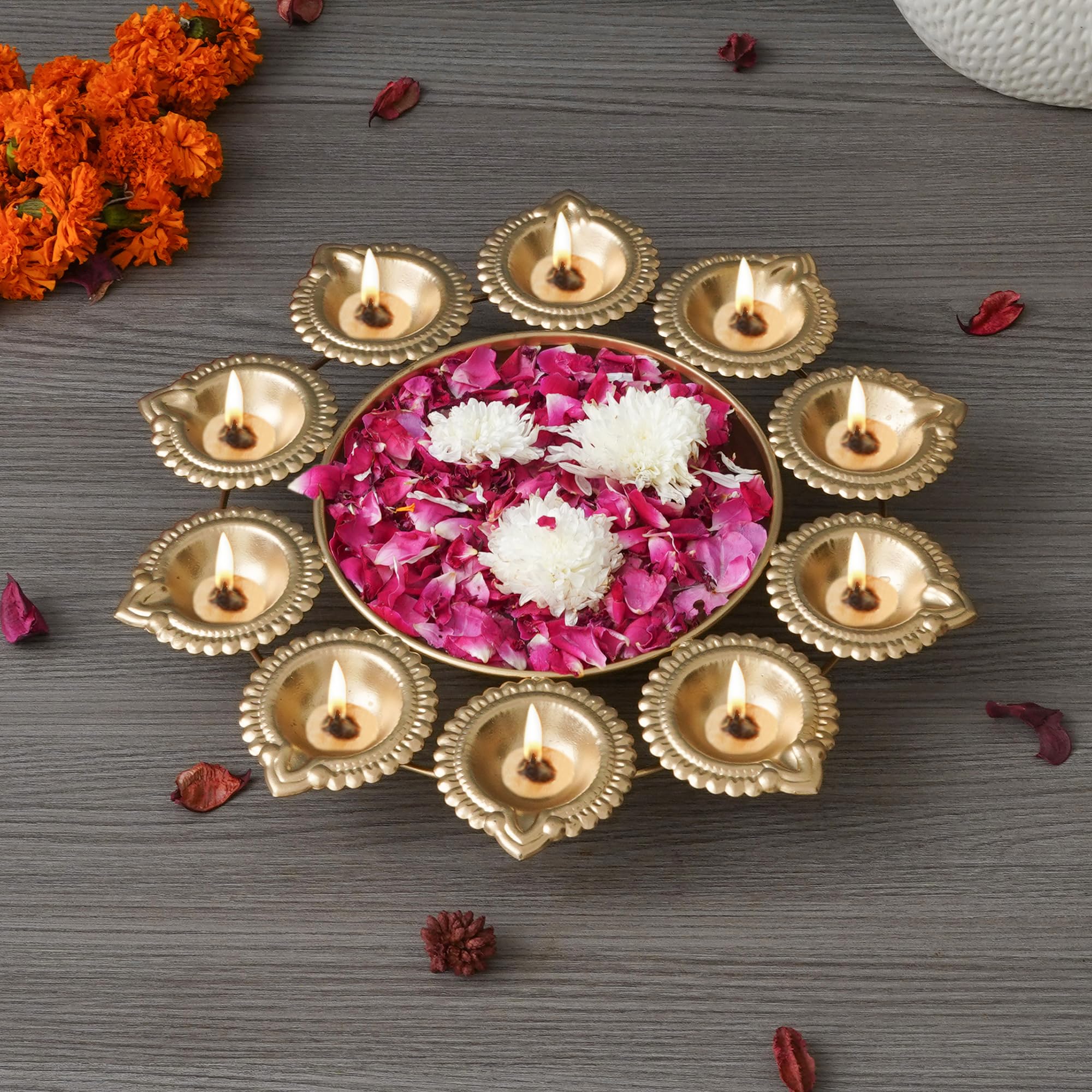 eCraftIndia Golden Metal Handcrafted Flower Decorative Urli with 10 Diyas - Urli Bowl for Home Decor - Urli for Floating Flowers - Diwali Decoration Items for Home Decor - Housewarming, Diwali Gift