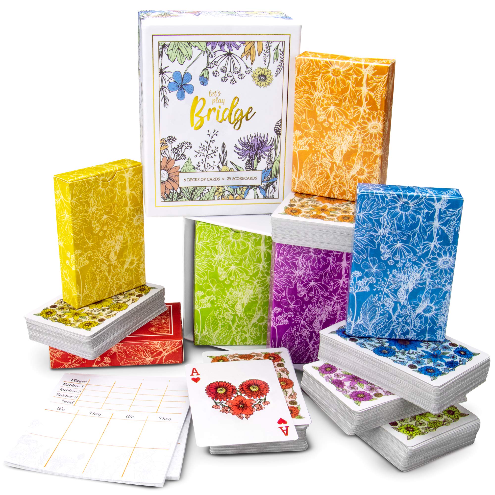 Let's Play Bridge | 6 Decks of Colorful, Watercolor Inspired Floral Playing Cards | Special Low-Vision 4-Color Index! | Classic Family Game Includes 25 Scorecards