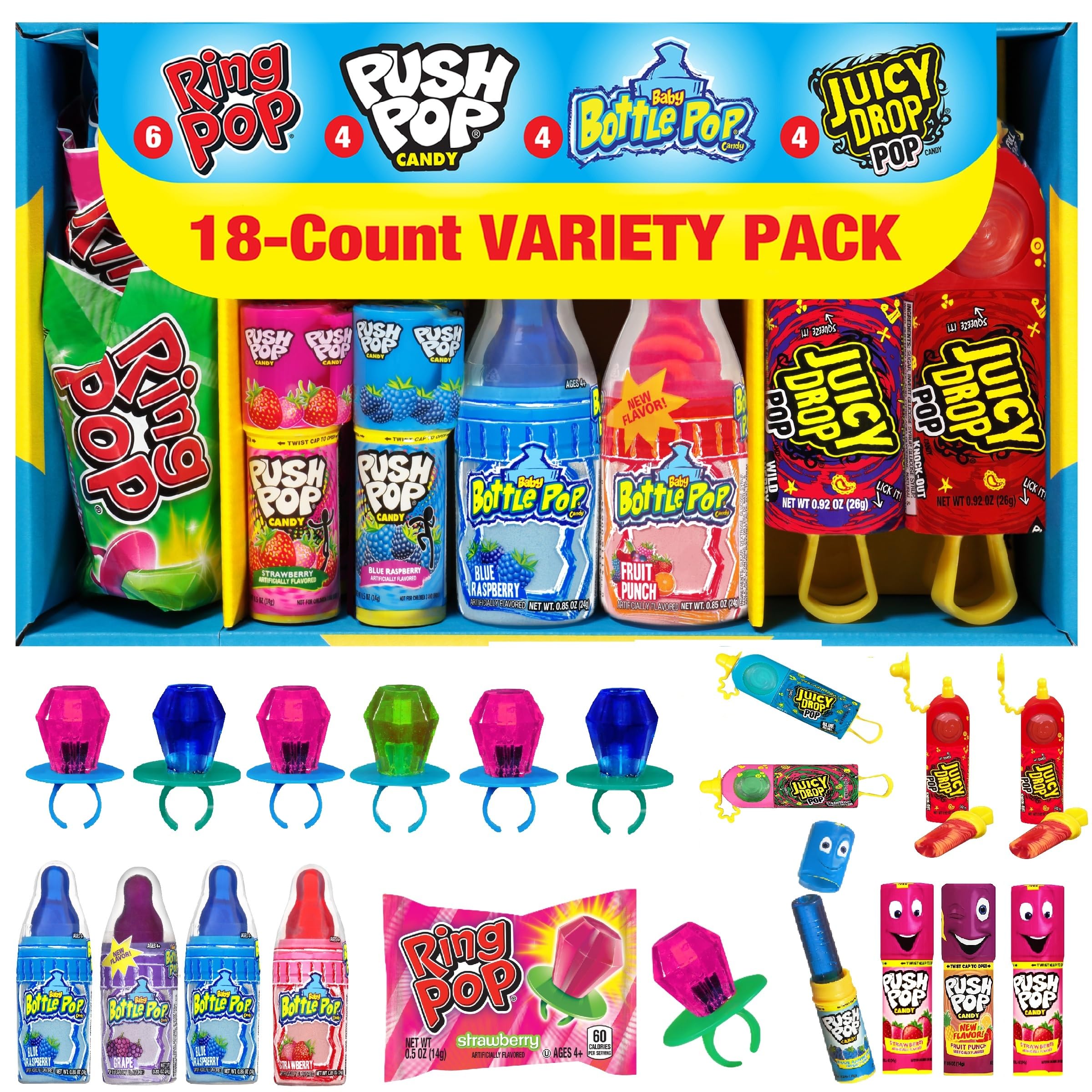 Candy Variety Pack - 18 Count Assorted Lollipops - Ring Pop, Push Pop, Baby Bottle Pop & Juicy Drop - Ideal for Birthdays, Party Favors, Celebrations & Candy Gifts by Bazooka Candy Brands