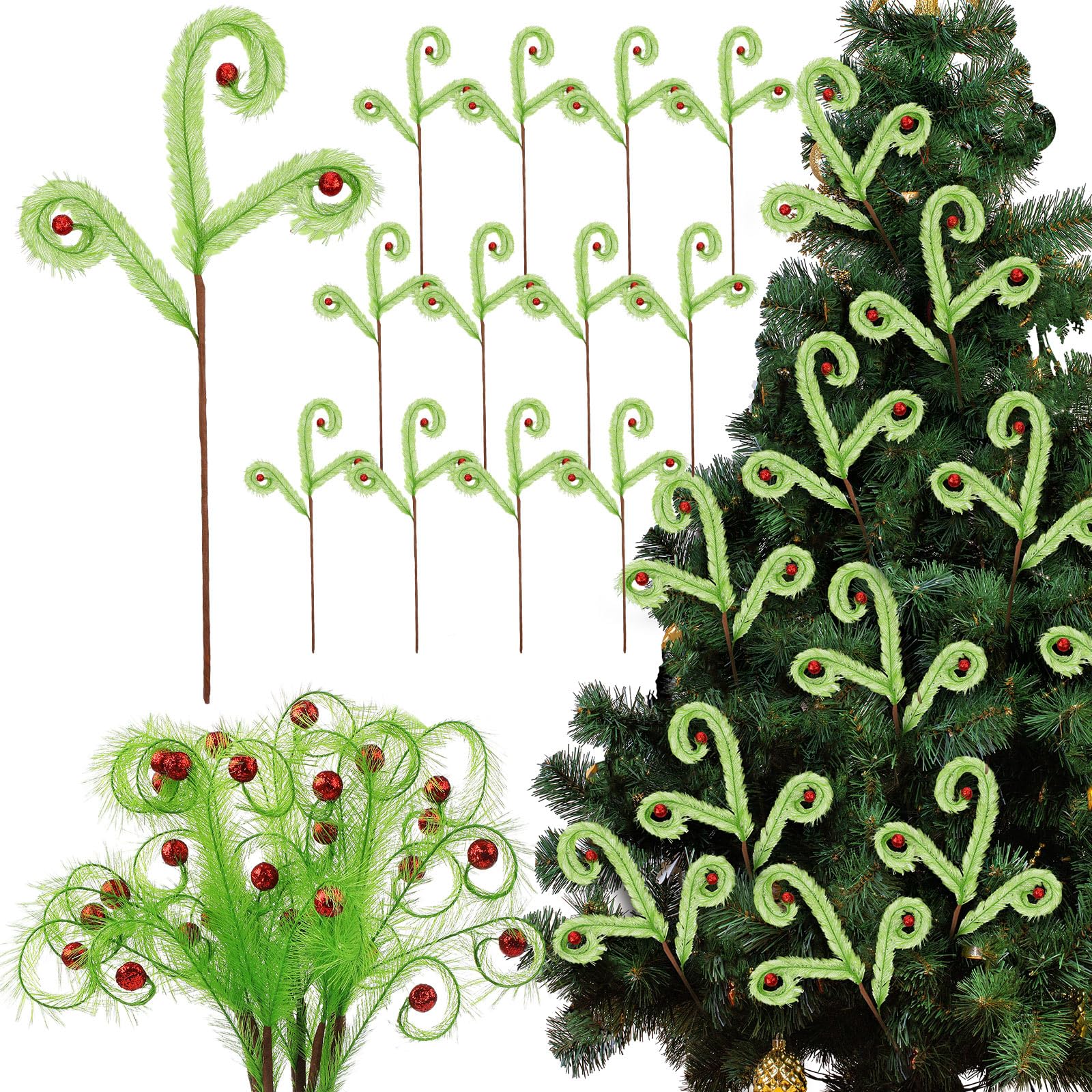 Hotop12 Pcs 16 Inch Christmas Tree Picks Decorations Lime Green Red Green Christmas Picks and Sprays Furry Spiral Curly Sprays Elf Ornament Floral Branches and Ball Picks for Holiday Xmas Tree Topper