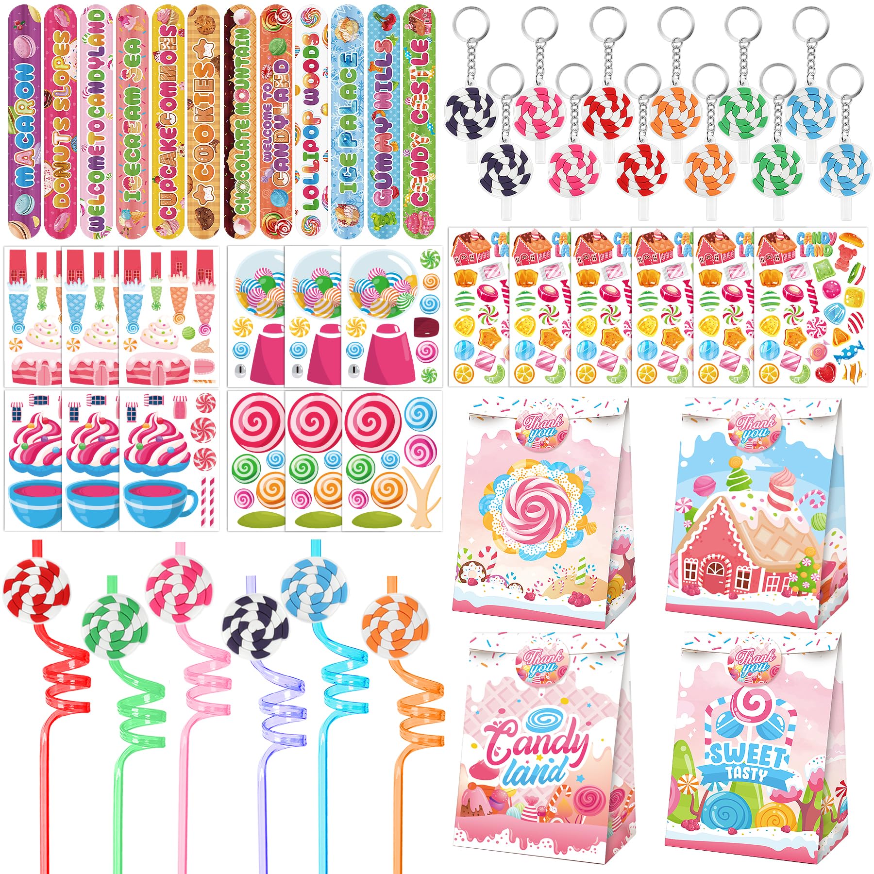 Erweicet Candyland Party Favors Sweet Lollipops Slap Bracelets DIY Stickers Temporary Tattoos Keychains Plastic Straws Gift Bags for Kids Girls Sweet Candy Theme Birthday Party Baby Shower