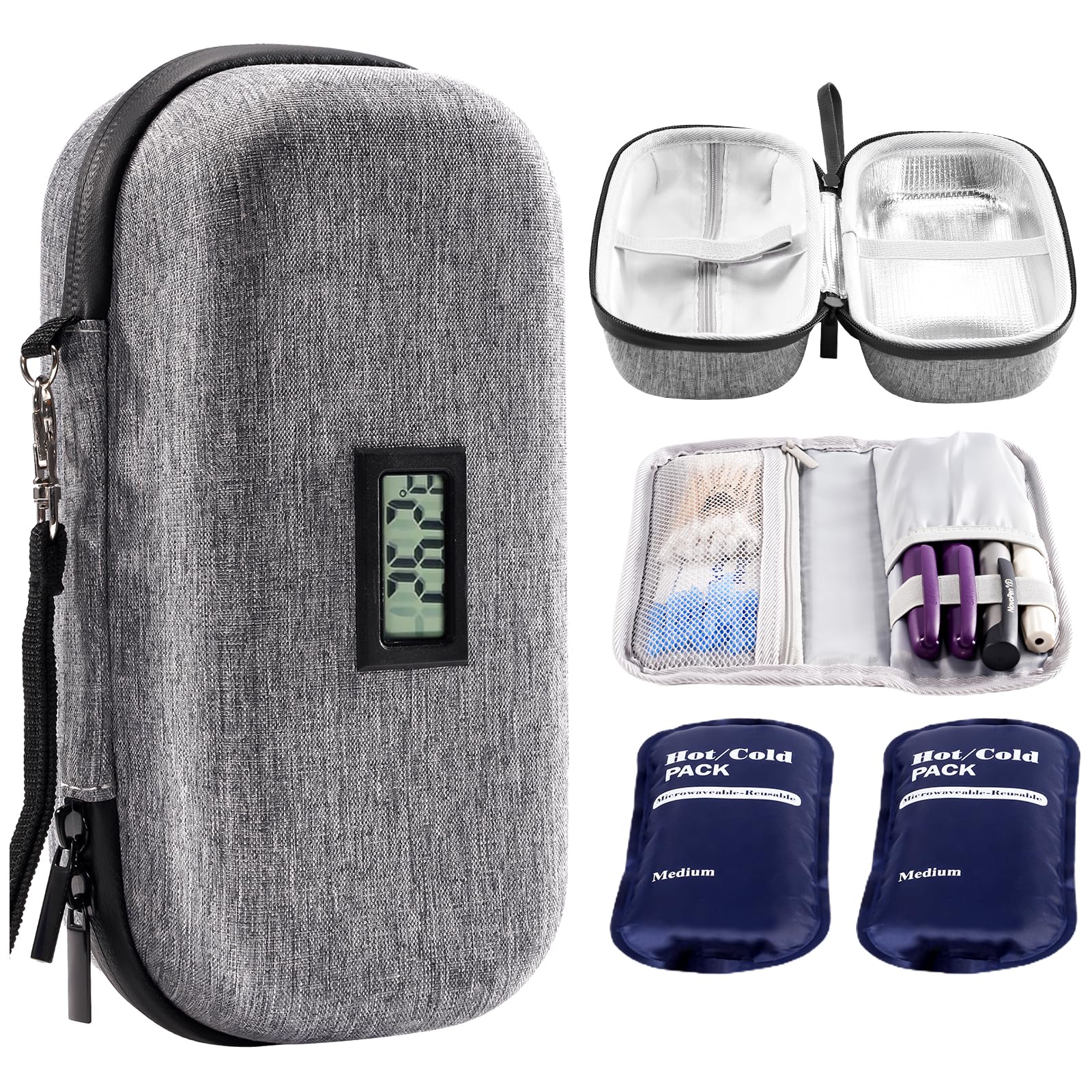 ProCase Insulin Cooler Travel Case with Thermometer Display, Refrigerated Medicine Diabetic Organizer Bag with 2 Reusable Ice Packs, for the Daily Life and Trip -Grey