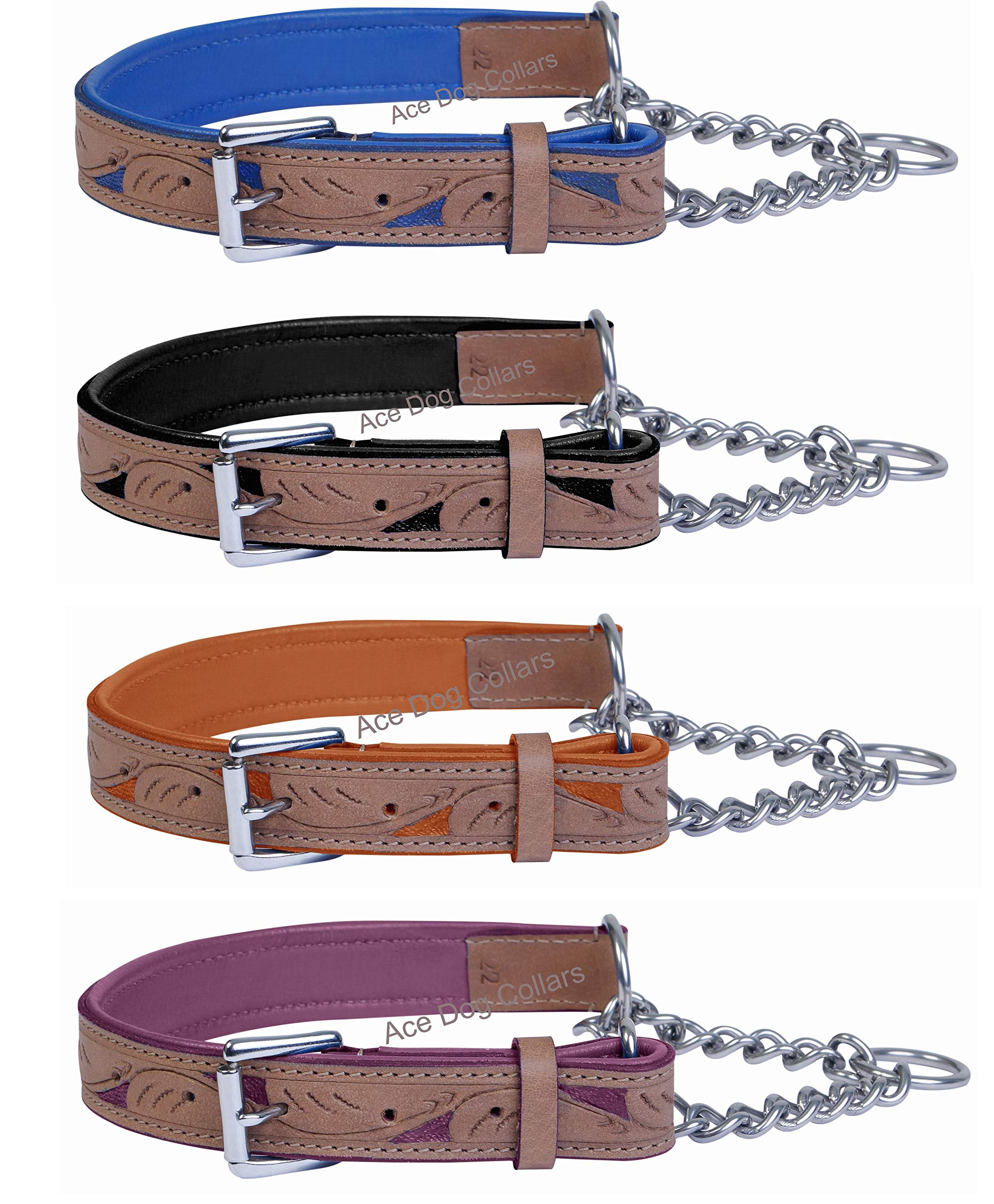 Adjustable PADDED Half check Leather Dog Collar: (fits up to 24" including chain (1" wide).::Stainless Steel Chain::