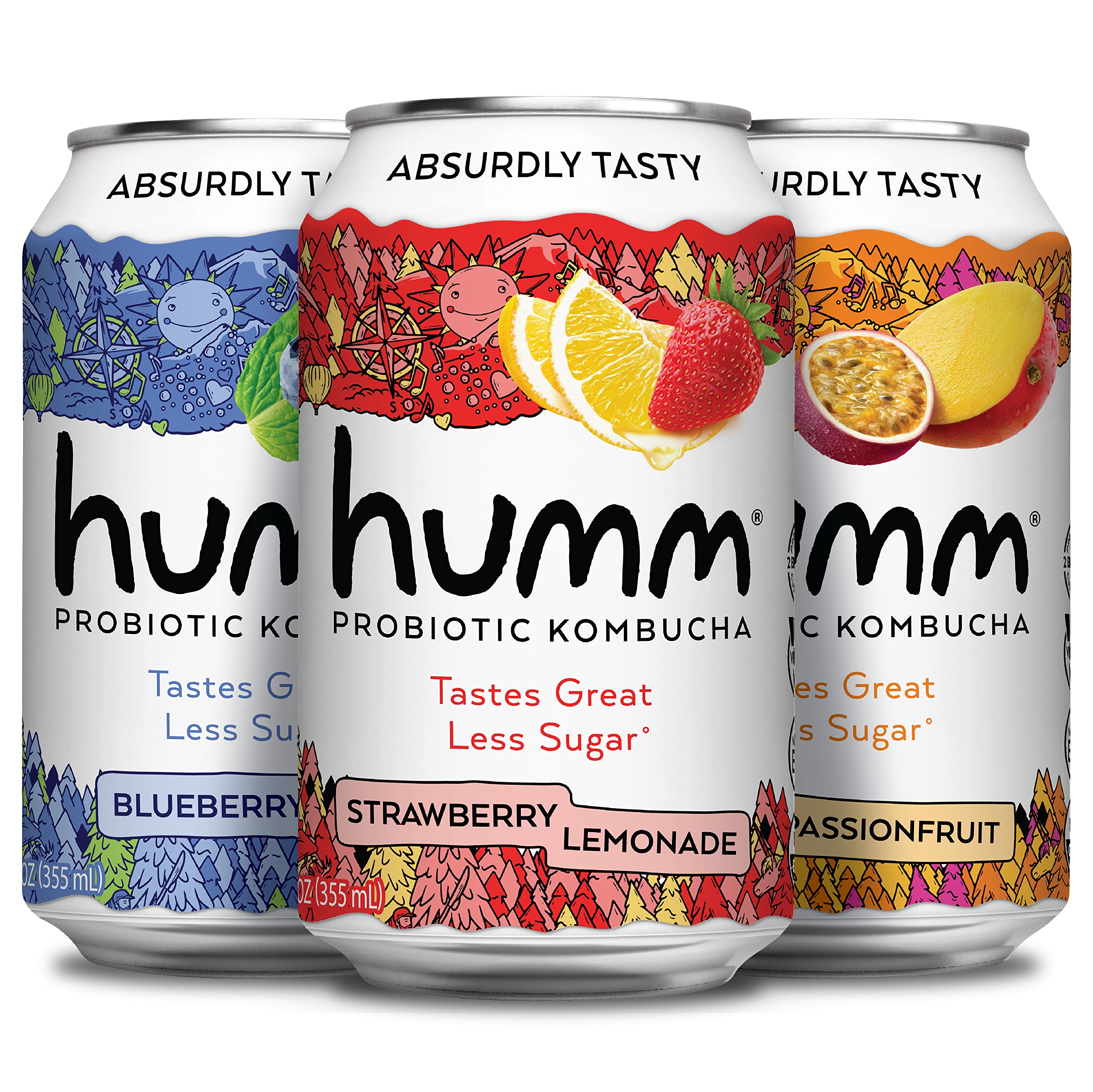 Humm Probiotic Kombucha Best Sellers Variety 12 Pack - Organic, 2 Billion Probiotics for Gut Health - Mango Passionfruit, Blueberry Mint and Strawberry Lemonade