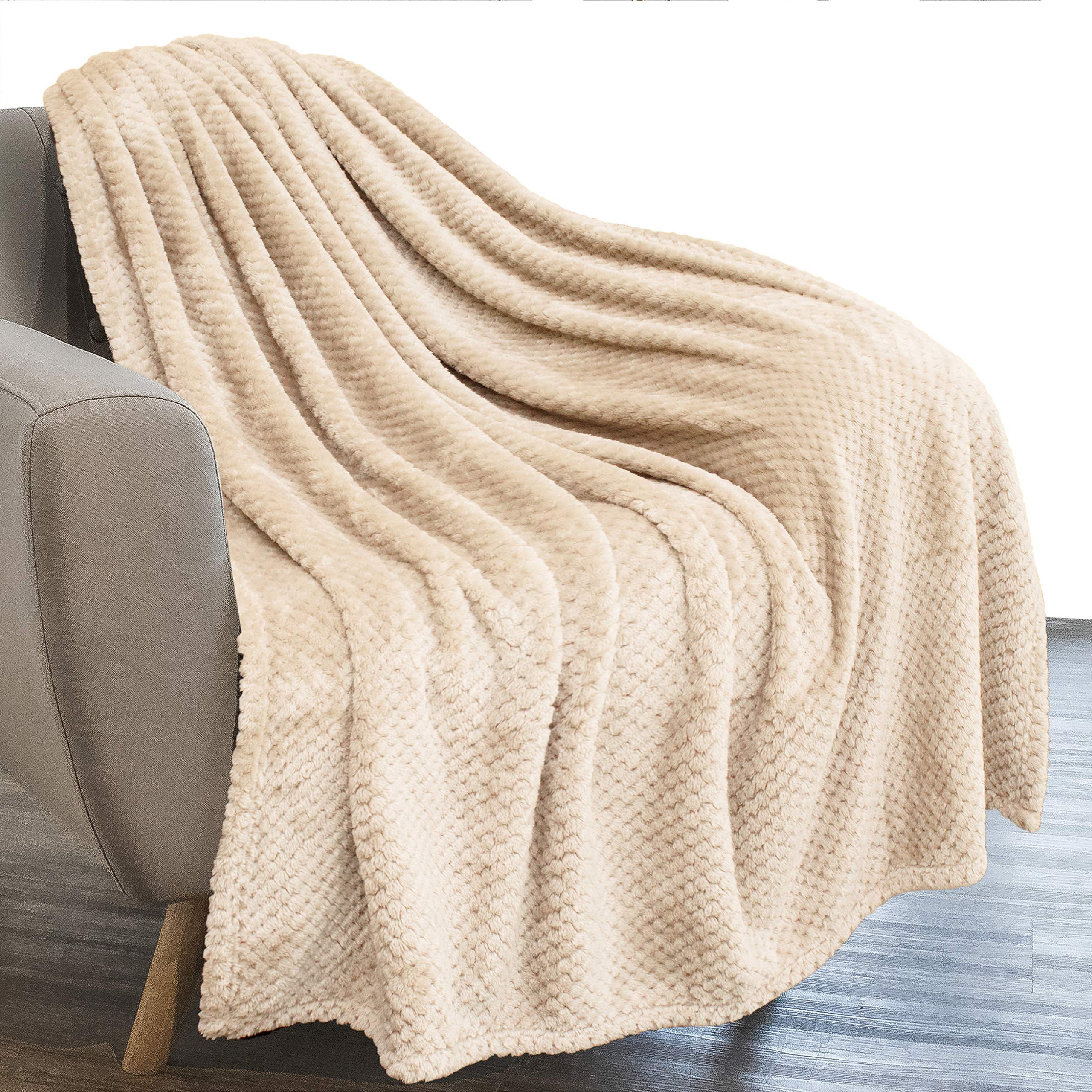 PAVILIA Waffle Textured Fleece Throw Blanket for Couch Sofa, Ivory Cream | Soft Plush Velvet Flannel Blanket for Living Room | Fuzzy Lightweight Microfiber Throw for All Seasons, 50 x 60 Inches