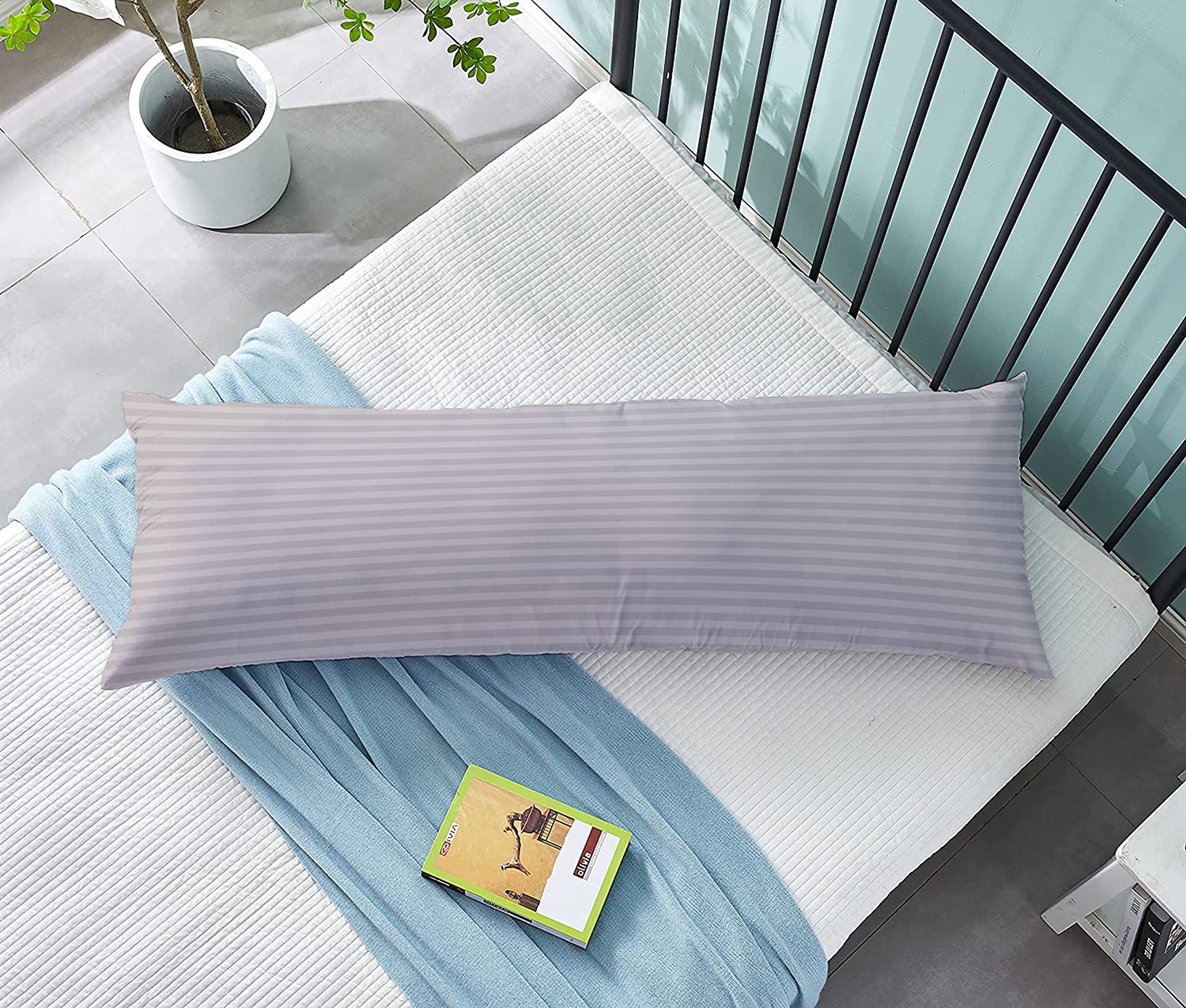 Princess Long Body Pillow 1pc, Fabric: 100% Polyester 85 GSM Microfiber 1 cm Stripe Super Soft, Filling: 1300 gm Hollow Fiber Comfort, Breathable & Ultra Soft Size: 45 x 120 cm, Color: Light Grey