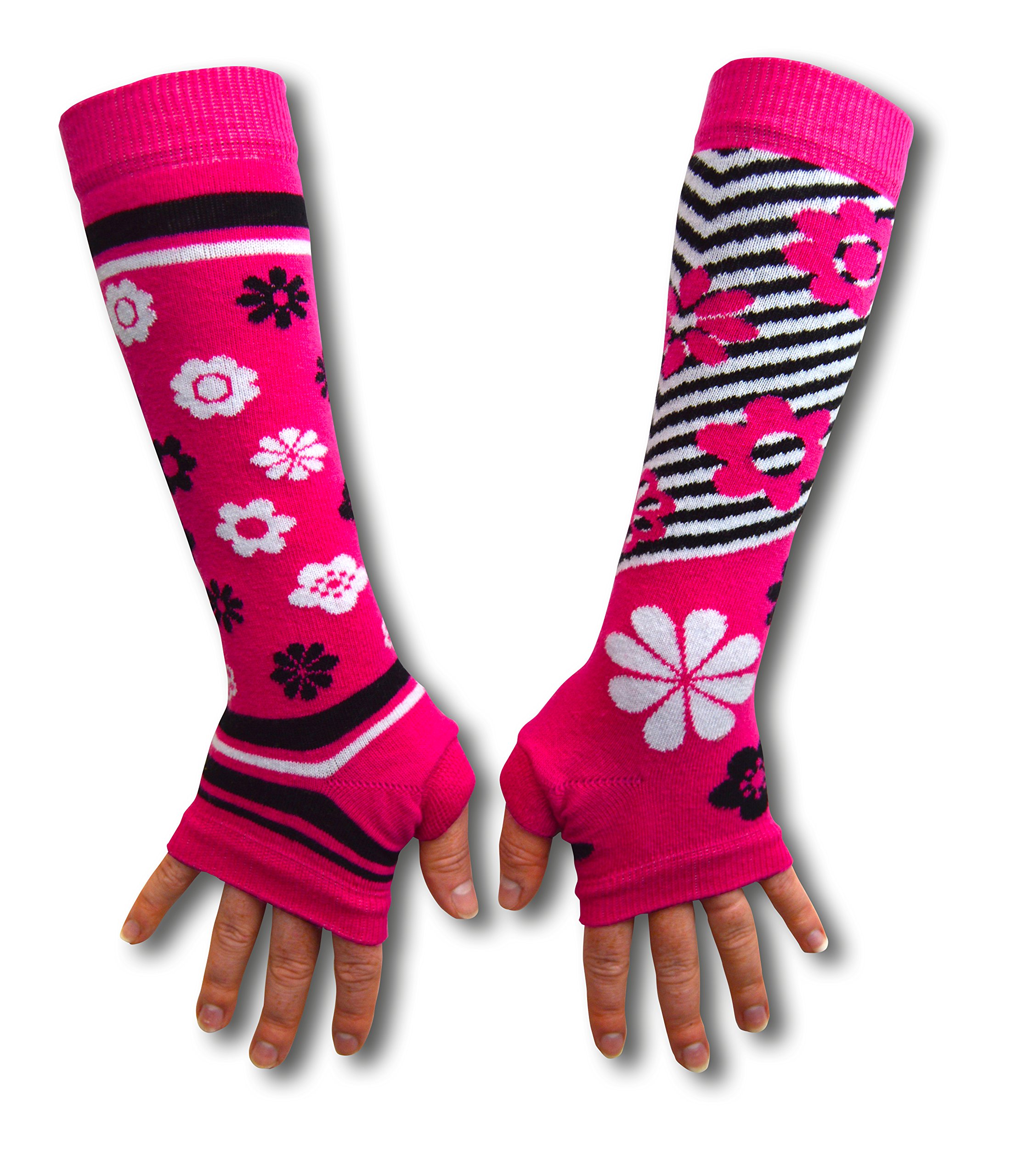 Ladies Girls Mis Match Armwarmers Pink Flowers & Stripes