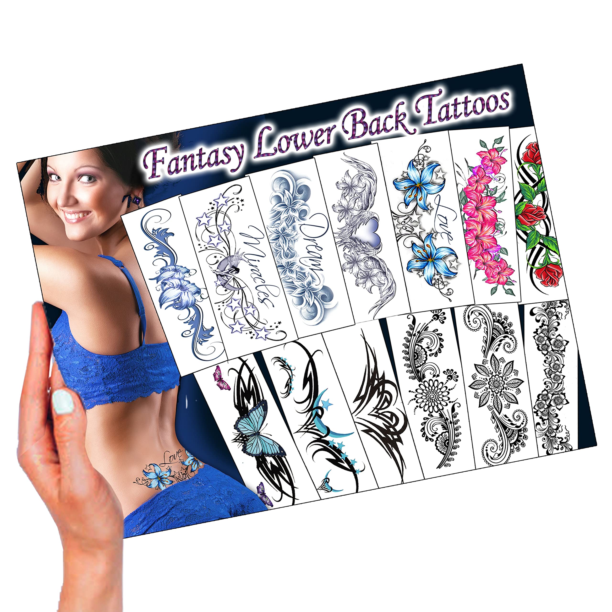 Tramp Stamp Lower Back Tattoos for Women - Long Lasting, Realistic Fake Adult Temporary Tattoos for Woman’s Hip, Lower Back, Thigh, Arm Beautiful Fantasy