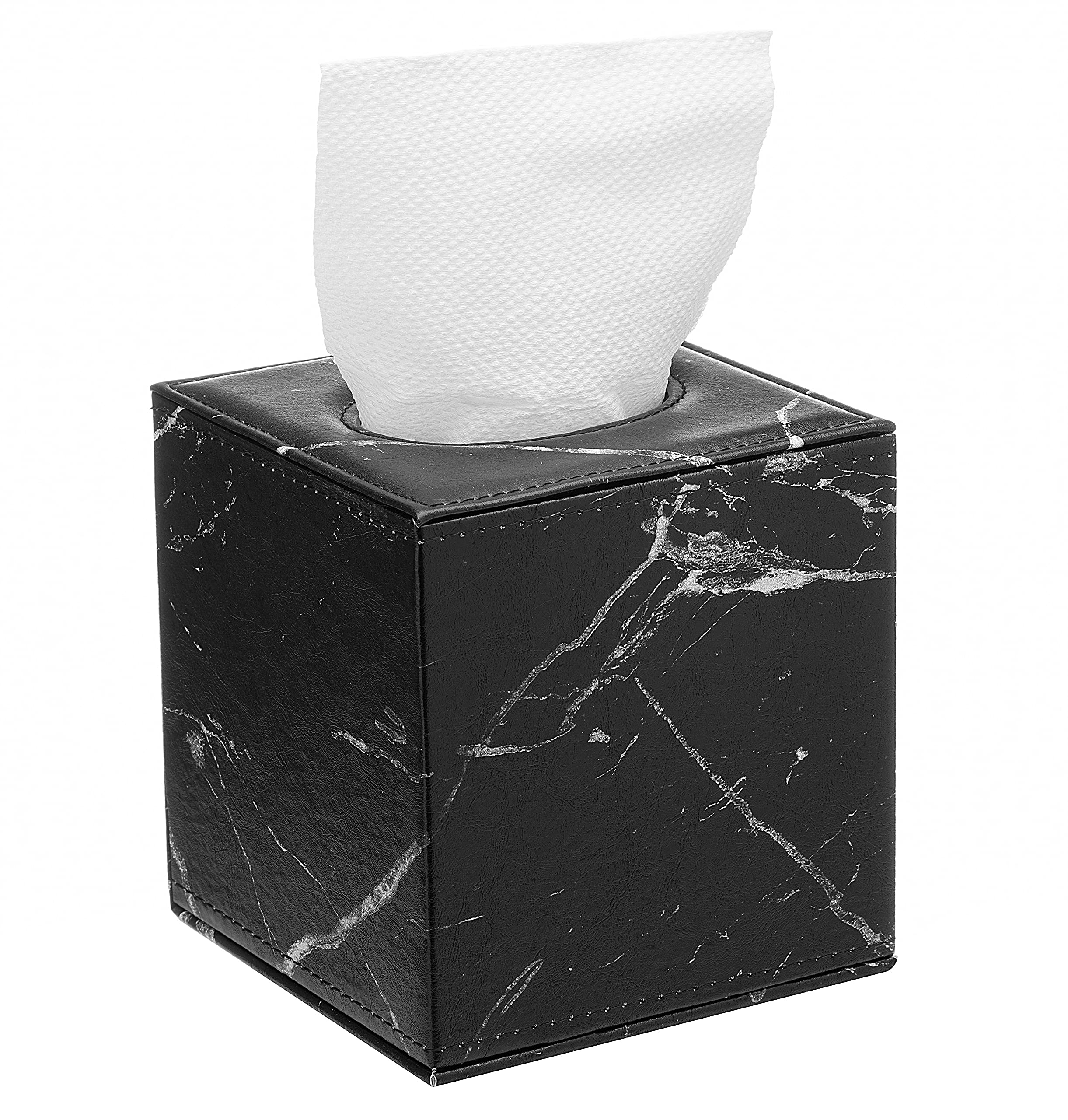 S Forever Cube Tissue Box Holders PU Leather Square Roll Tissue Box Cover (Black Marble Grain,5.32" L x 5.32" W x 5.51" H)