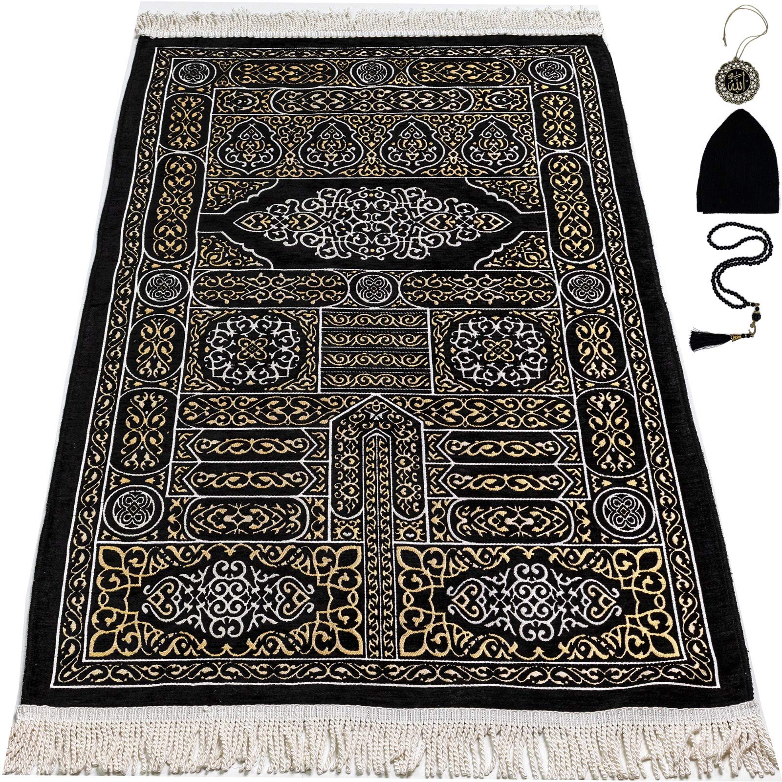 ModefaTurkish Islamic Prayer Mat Muslim Prayer Rug Islam Men Women Chenille with Praying Cap, Beads | Full Kaba Door Swirl Intricate Design (Black)