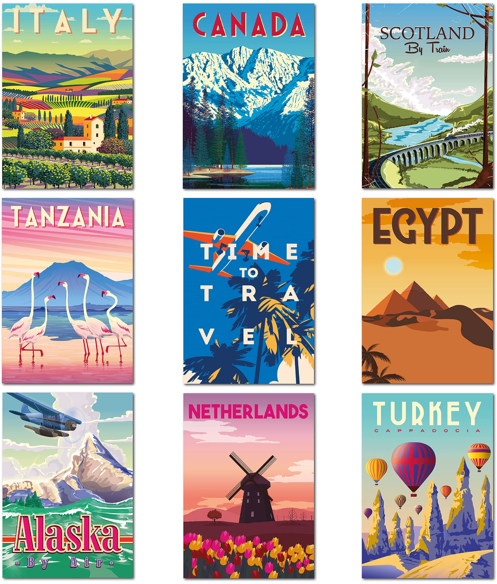 9 x Vintage Travel Posters from Olivia Samuel. A4 Size on thick 350gsm card. Set 2 ** UNFRAMED **