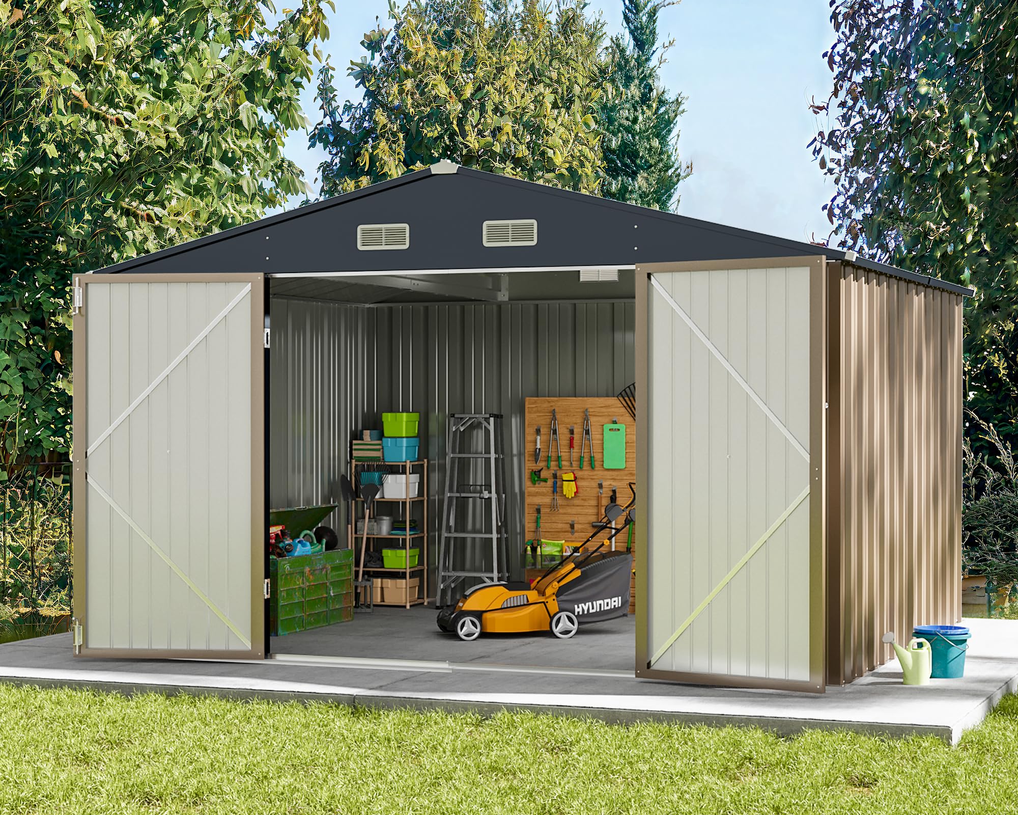 GreesumMetal Outdoor Storage Shed 10FT x 8FT, Steel Utility Tool Shed Storage House with Door & Lock, Metal Sheds Outdoor Storage for Backyard Garden Patio Lawn (10' x 8'), Brown