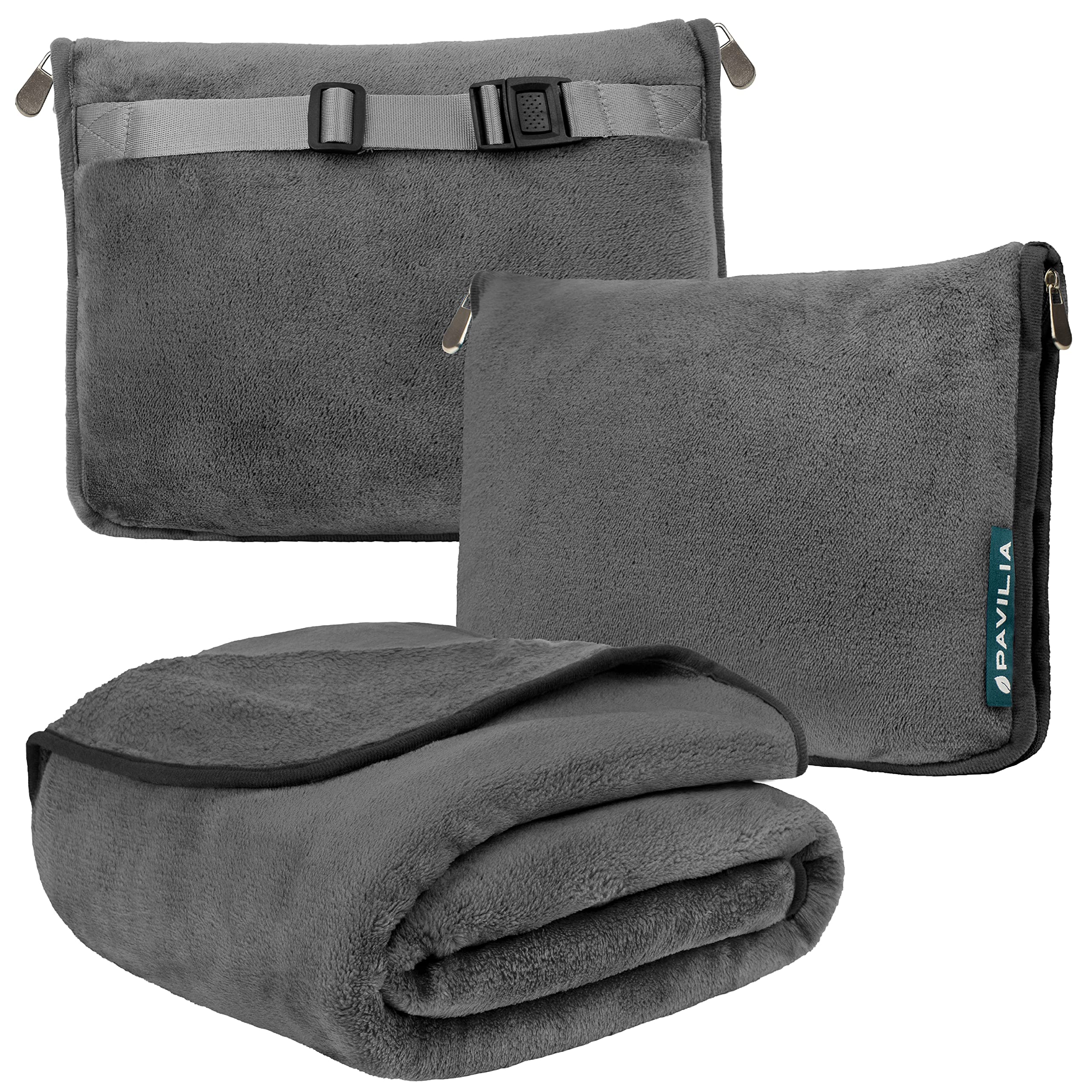 PAVILIATravel Blanket with Soft Bag Pillow Case, Compact Blanket for Airplane, Road Trip, Camping | Large Portable Fleece Blanket for Plane Car Bus Train with Hand Luggage Strap 60x43 (Charcoal Gray)