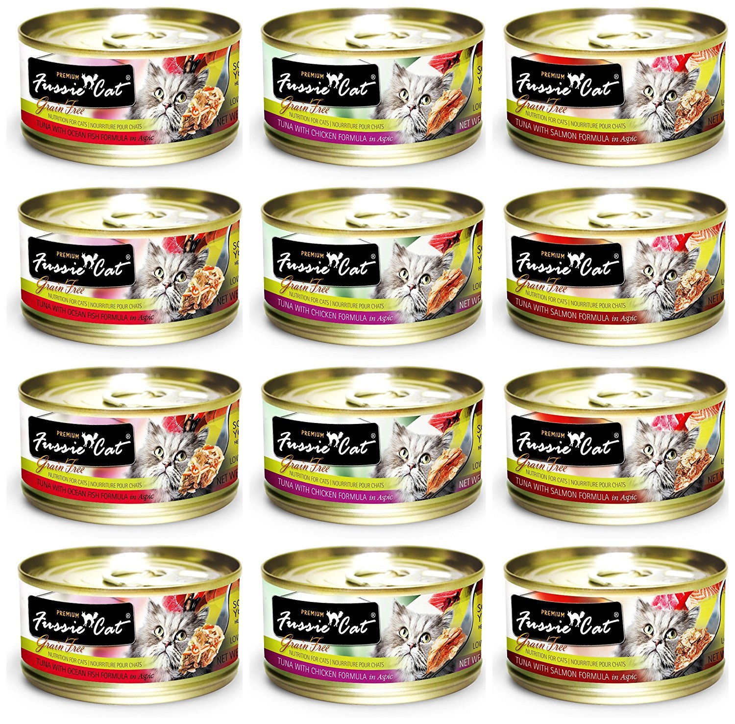 Fussie Cat Premium Grain Free Canned Cat Food 3 Flavor Variety : (4) Tuna with Chicken, (4) Tuna with Salmon and (4) Tuna with Ocean Fish, 2.82 Oz Each (12 Cans Total)