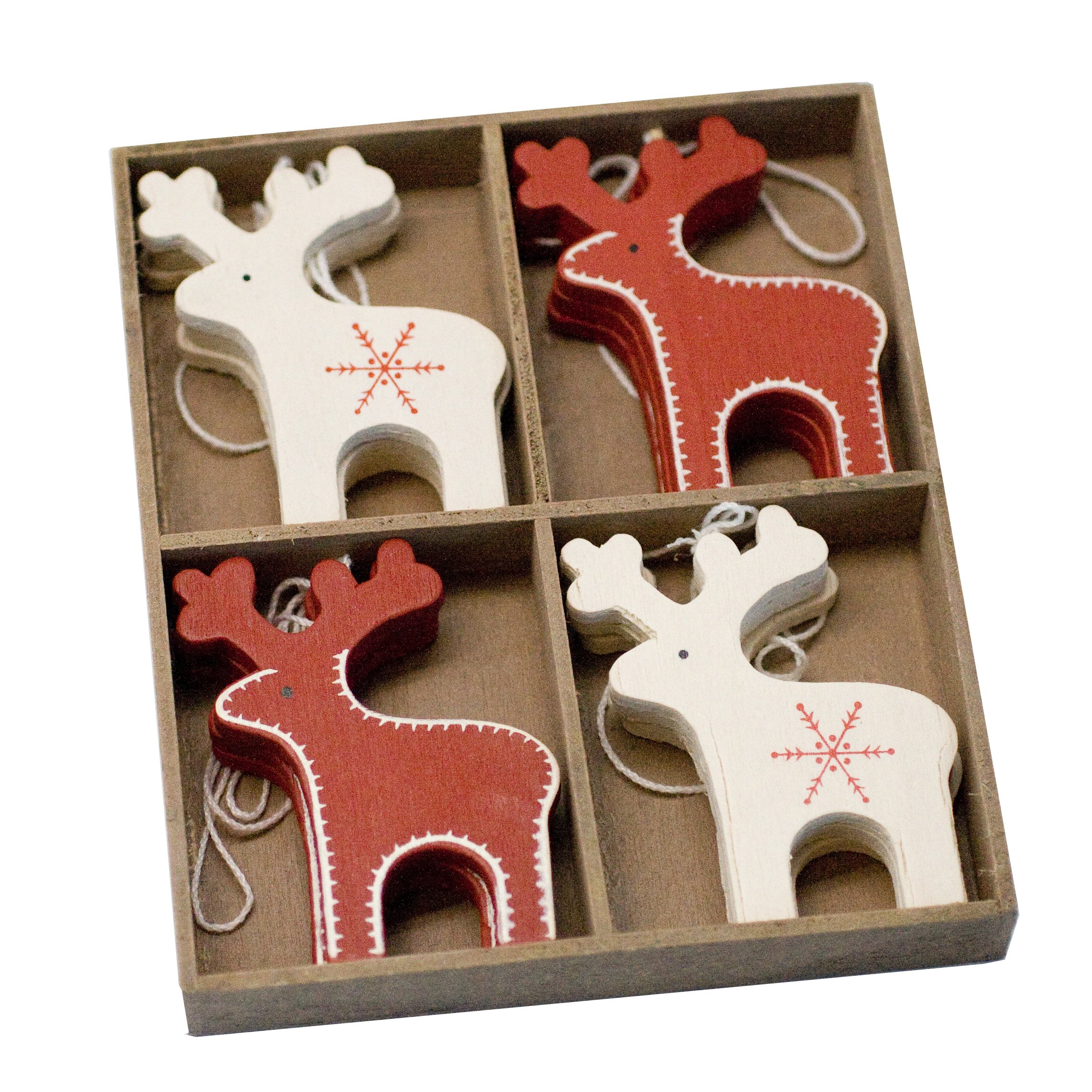 Set of 12 Red & Cream Reindeer Christmas Tree Decorations by Lights4fun