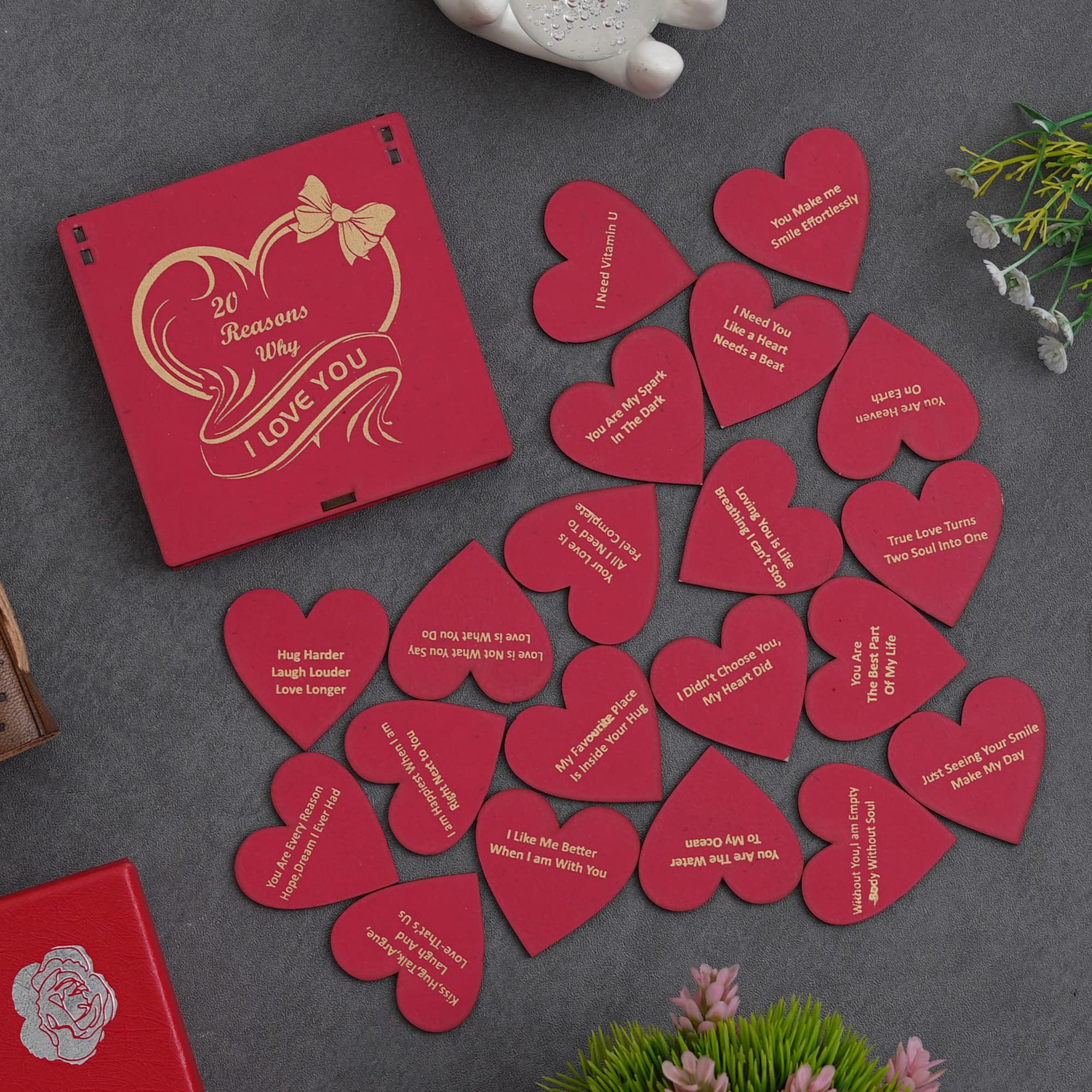 eCraftIndia Red Wooden 20 Reasons Why I Love You Printed on Little Hearts Valentine Gift Box- Valentine Gift for Girlfriend Boyfriend Husband Wife-Valentine Day Gifts-Valentine Day Decoration Items