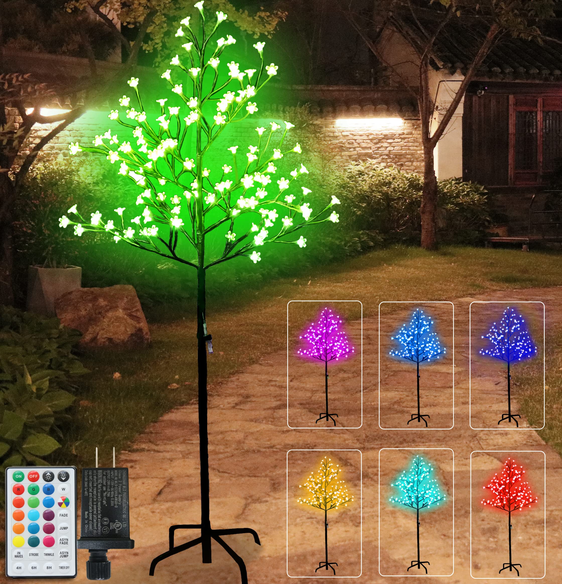 128 LED Cherry Blossom Lighted Tree Color Changing, Artificial Flower Bonsai Tree Lamp with Multicolor Remote Control 5 Feet Lit Tree Centerpieces for Christmas, Valentines Day Decor -4.9ft(RGB)