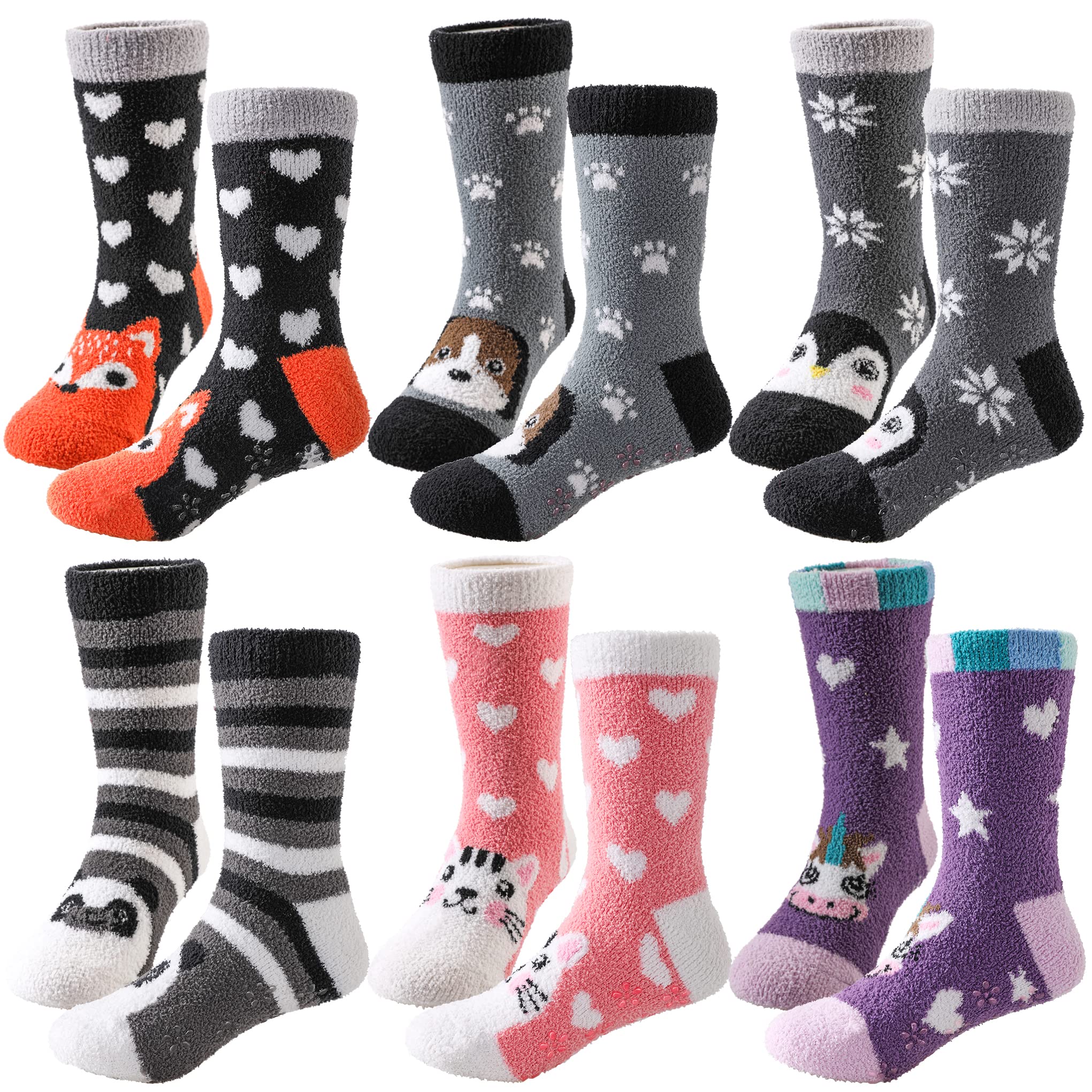 LINEMINKids Fuzzy Socks Boys Girls with Grips Non Slip Slipper Socks Cozy Fluffy Winter Warm Crew Socks 6 Pairs