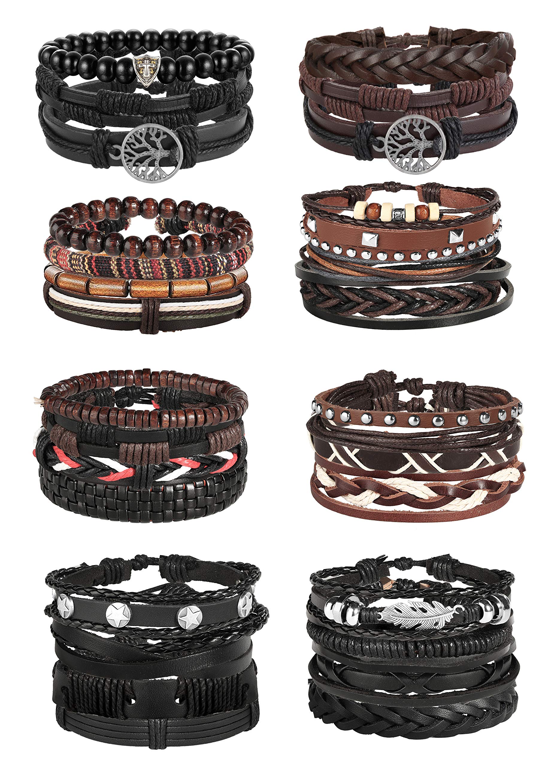 Jstyle 28Pcs Braided Leather Bracelet for Men Women Wooden Beaded Cuff Wrap Bracelet Adjustable C