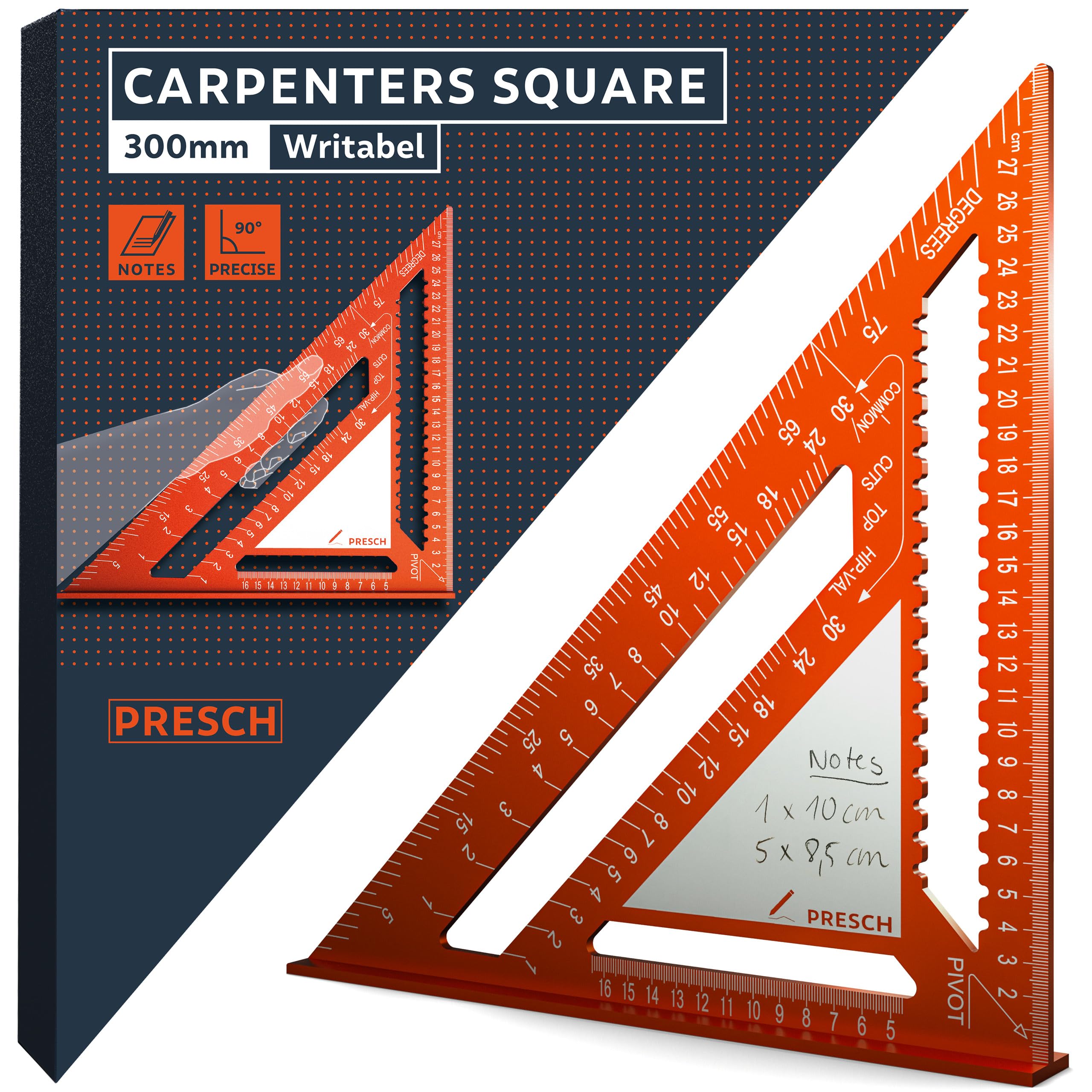 Presch Carpenters Square 300mm | Innovative wipeable note surface | High-precision milled aluminum for permanently accurate 90° angles | Carefully crafted, resilient coating