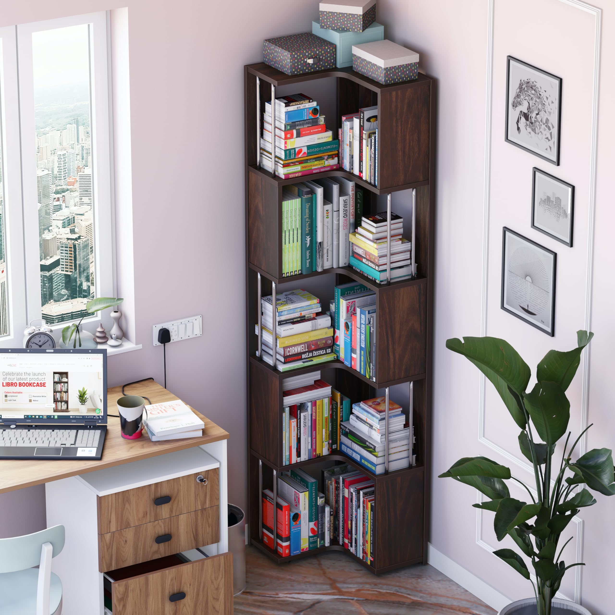 Studio Kook Vista Engineered Wood Corner Bookshelf | Bookcase (Matte Finish) (Junglewood)