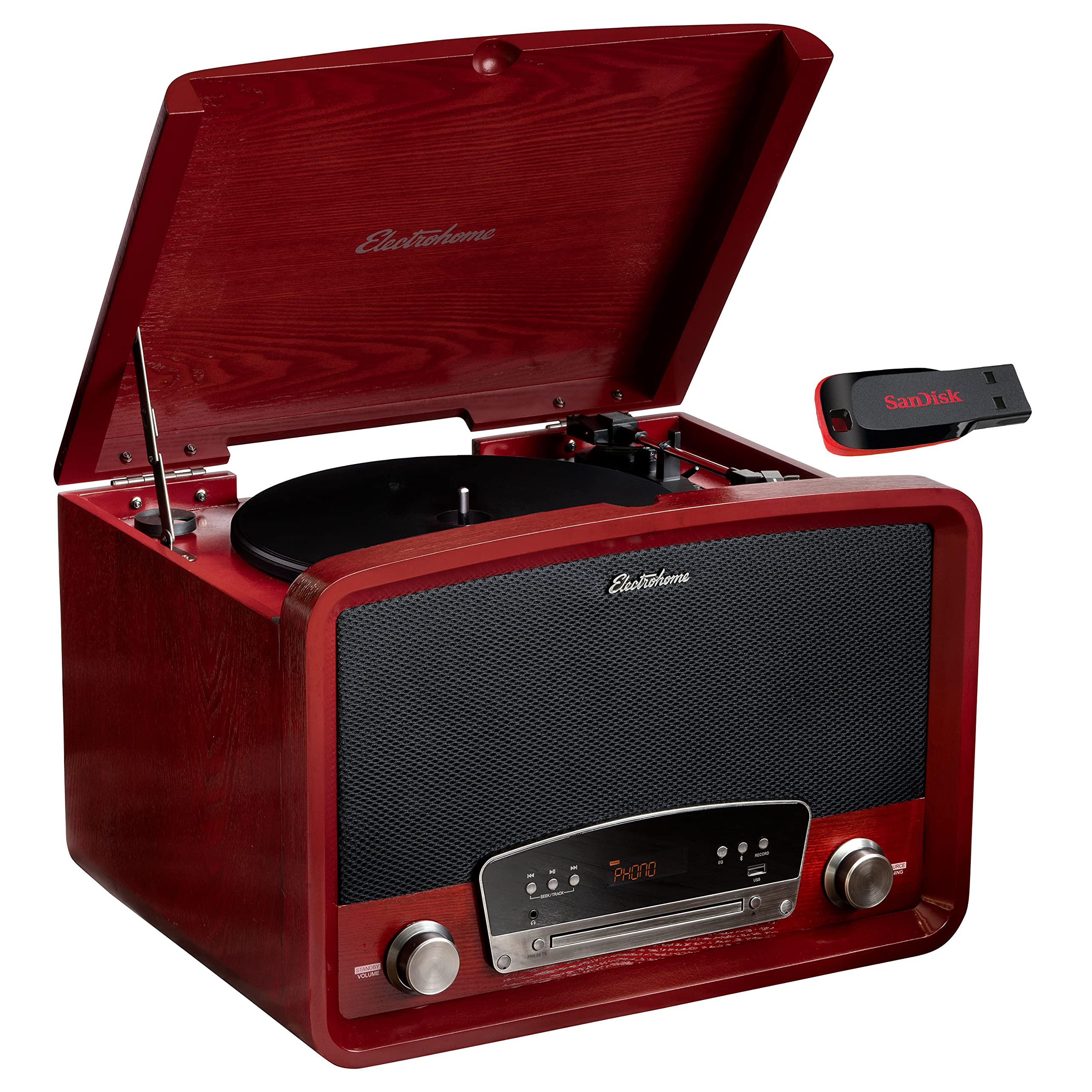 Electrohome Kingston 7-in-1 Vintage Vinyl Record Player Stereo System - 3-Speed Turntable Bluetooth AM/FM Radio CD Aux in RCA/Headphone Out Vinyl/CD to MP3 Recording & USB Playback w/ 32GB USB Drive