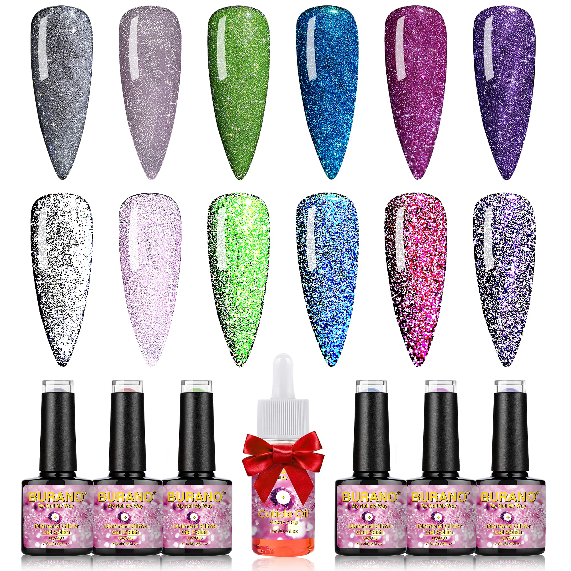 BURANOReflective Glitter Gel Polish, Rose Blue Purple Silver Holographic Glitter Gel Nail Polish, Soak Off Disco Gel Polish with Cuticle Oil Gift UV Lamp Required