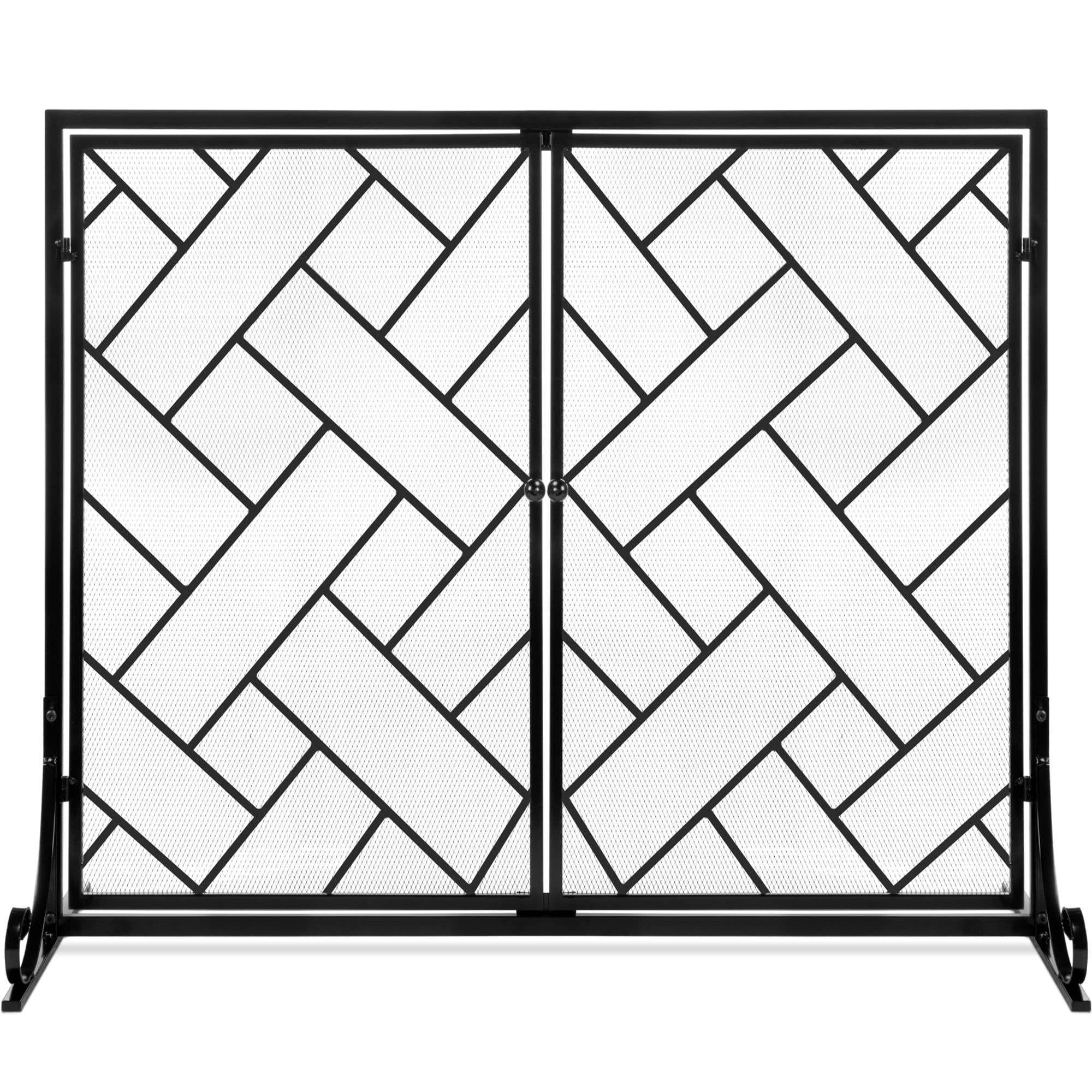 Best Choice Products 44x33in 2-Panel Handcrafted Wrought Iron Decorative Mesh Geometric Fireplace Screen, Fire Spark Guard w/Magnetic Doors - Black