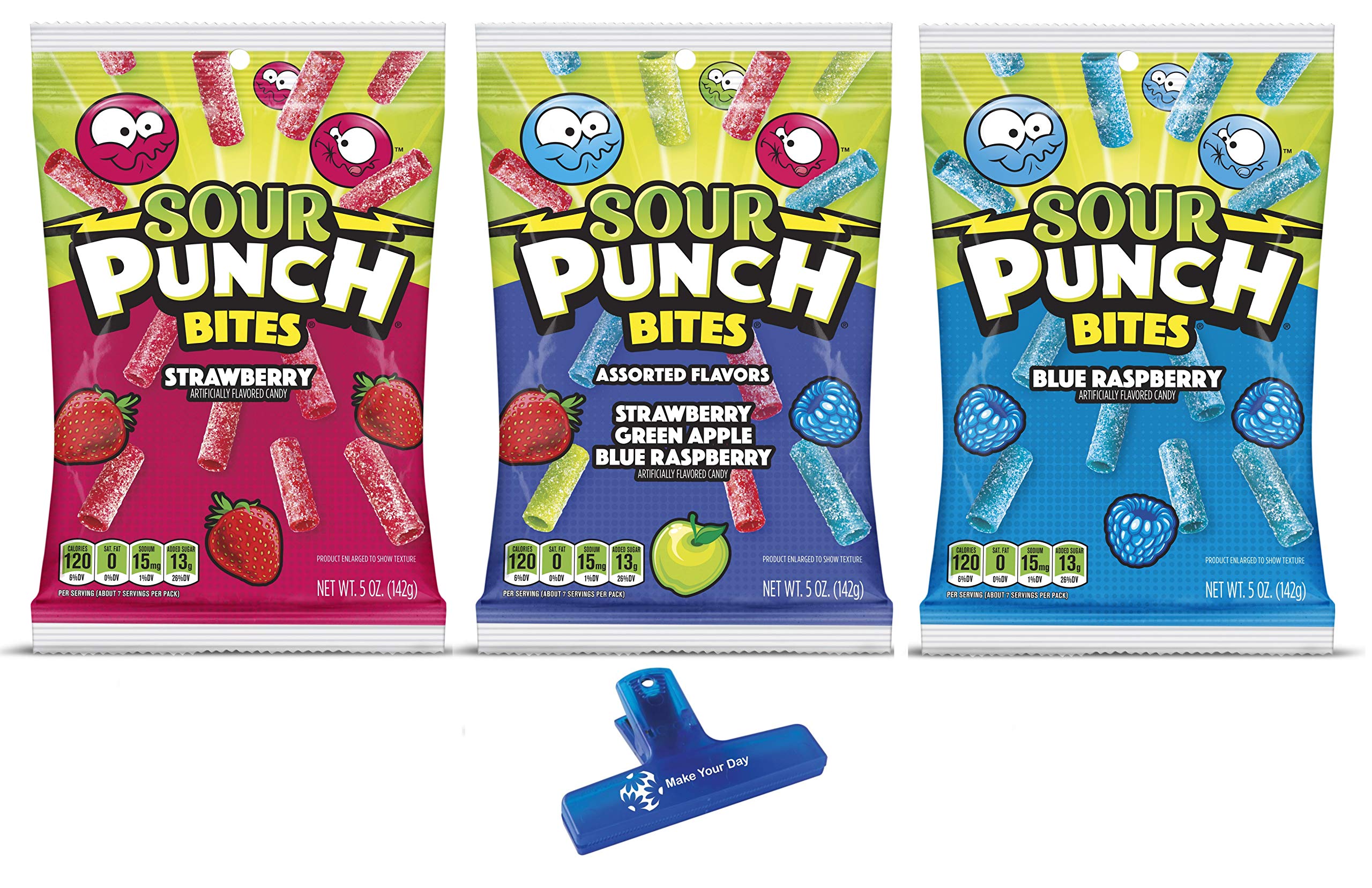 Sour Bites, Strawberry, Assorted Flavors, and Blue Raspberry, 5 Ounce Bags (Pack of 3) - with Make Your Day Bag Clip