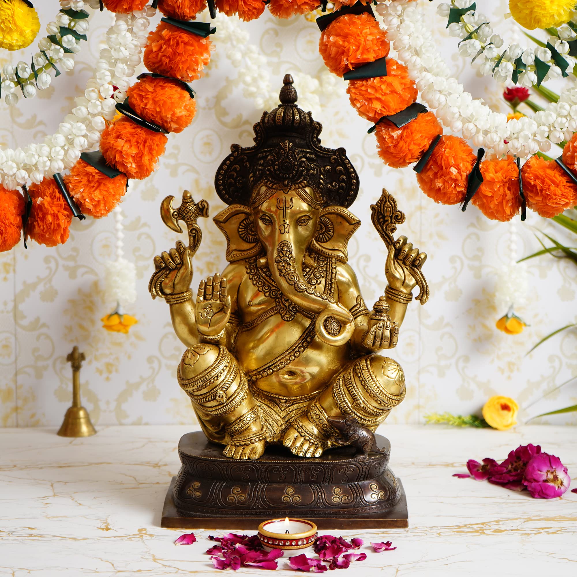 eCraftIndia Blessing Lord Ganesha with Mukhut Antique Look Handcrafted Premium Brass Idol