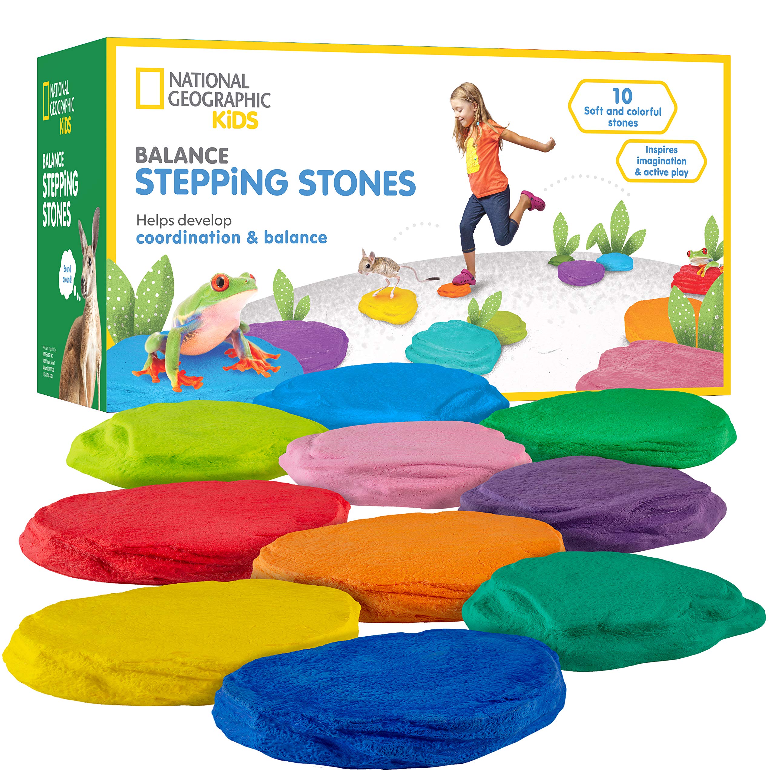 NATIONAL GEOGRAPHIC Stepping Stones for Kids – 10 Soft, Durable Stones Encourage Toddler Balance & Gross Motor Skills, Indoor & Outdoor Toys, Balance Stones, Obstacle Course (Amazon Exclusive)