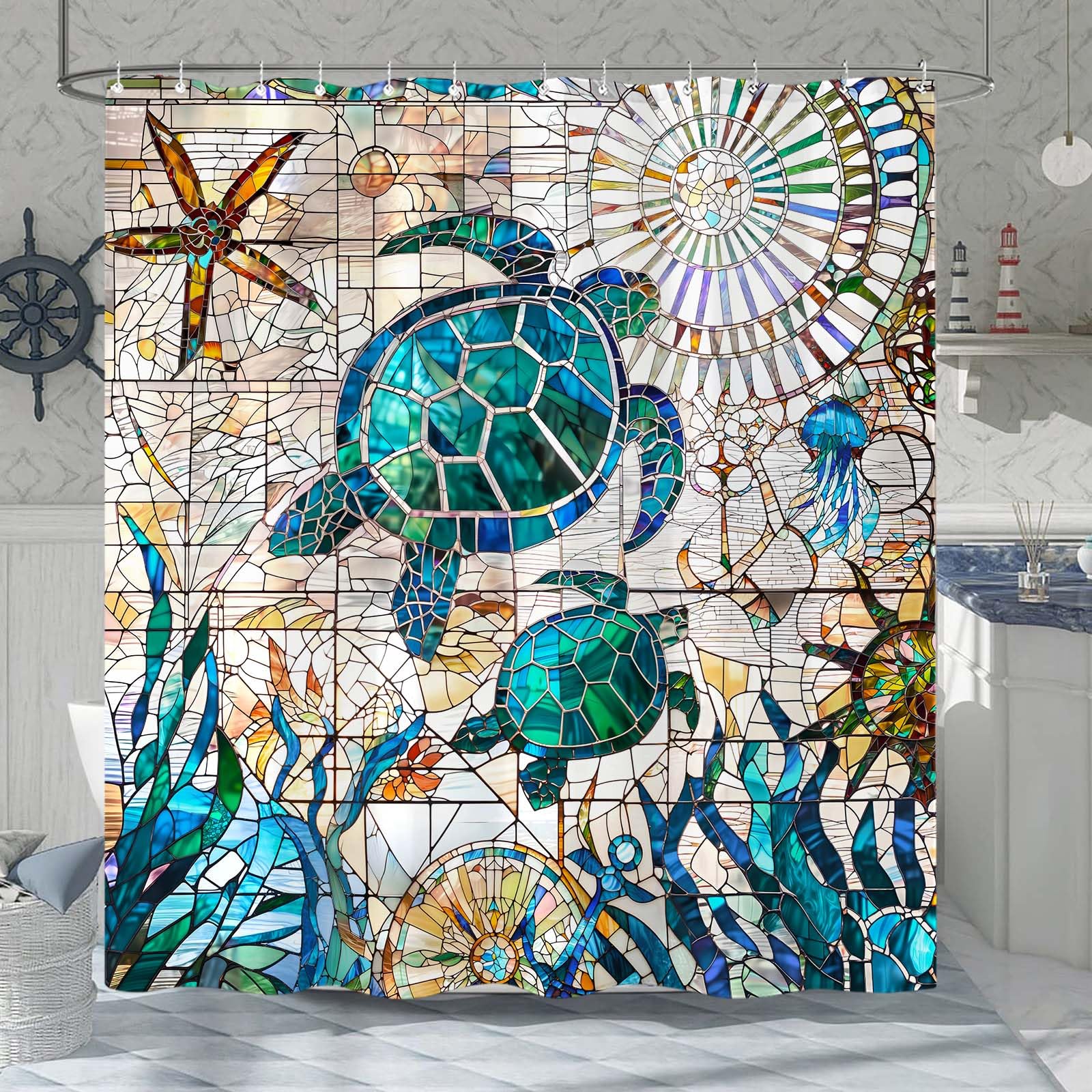 Nautical Sea Turtle Shower Curtain Teal Blue Stained Glass Ocean Theme Coastal Shower Curtains for Bathroom Vintage Map Beach Waterproof Fabric Bath Curtain Decor 72x72 Inches